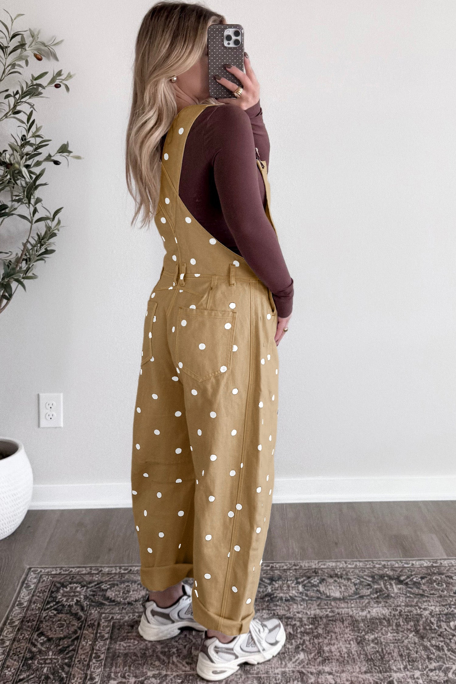 Light French Beige Polka Dot Print Bib Pocket Denim Barrel Overalls Jumpsuit
