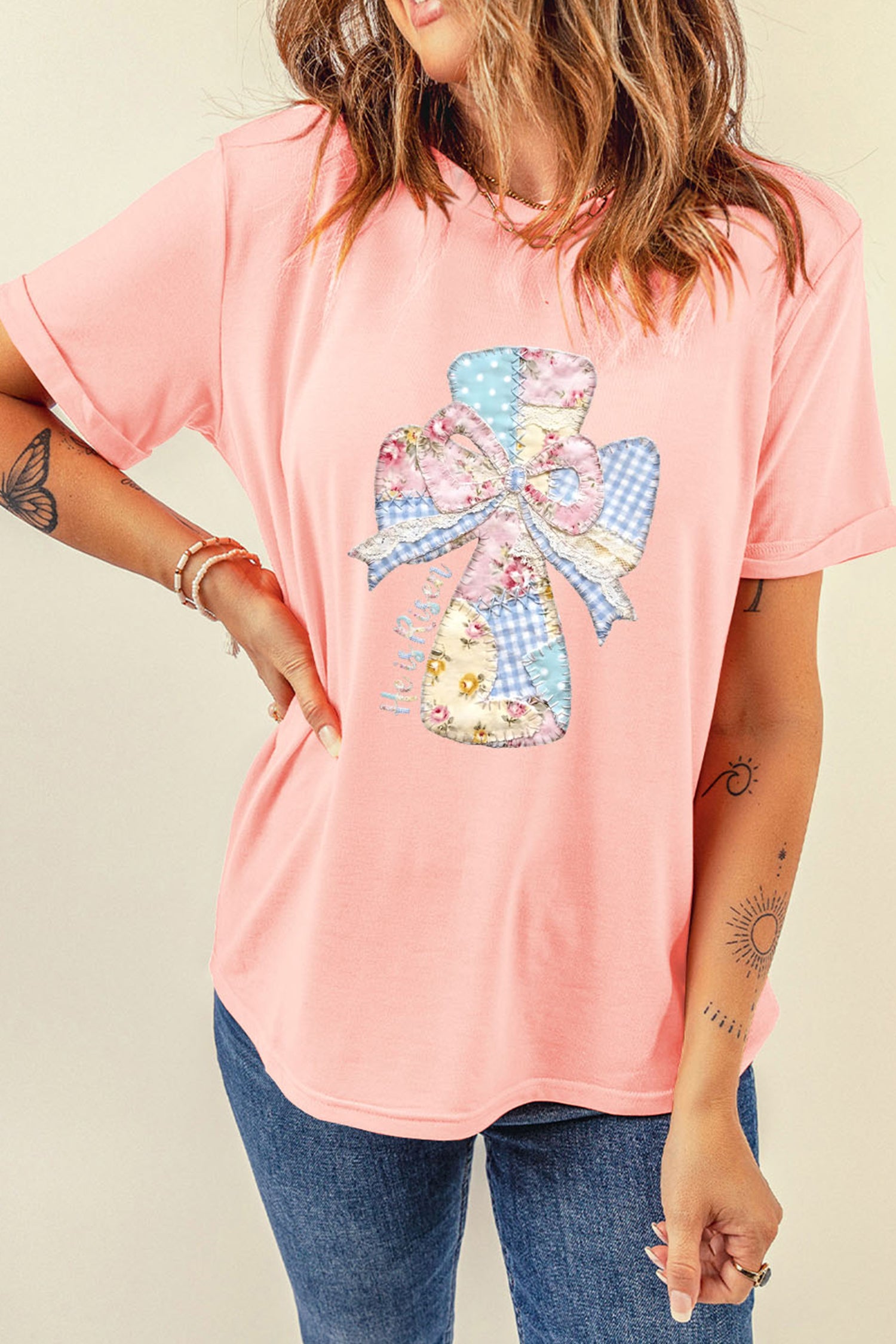 Pink He is Risen Patchwork Bow Cross Printed T Shirt