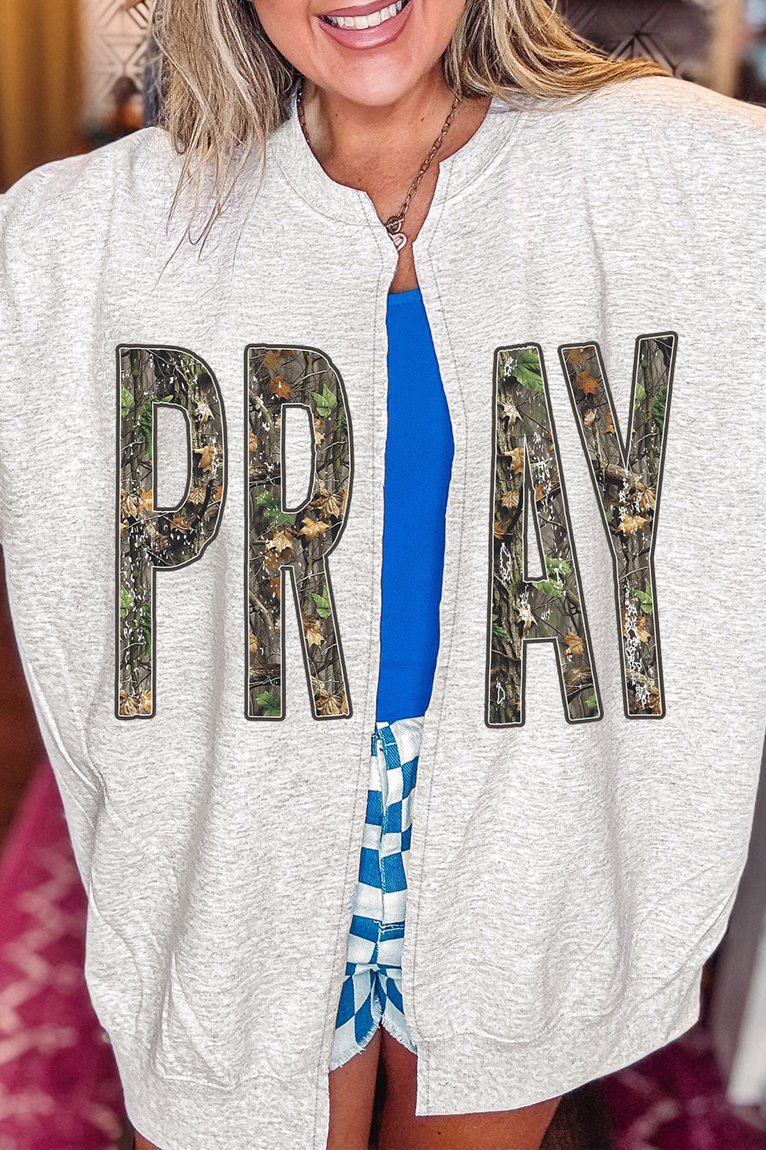 Light Grey Camo Print PRAY Letter Open Front Tunic Sweatshirt