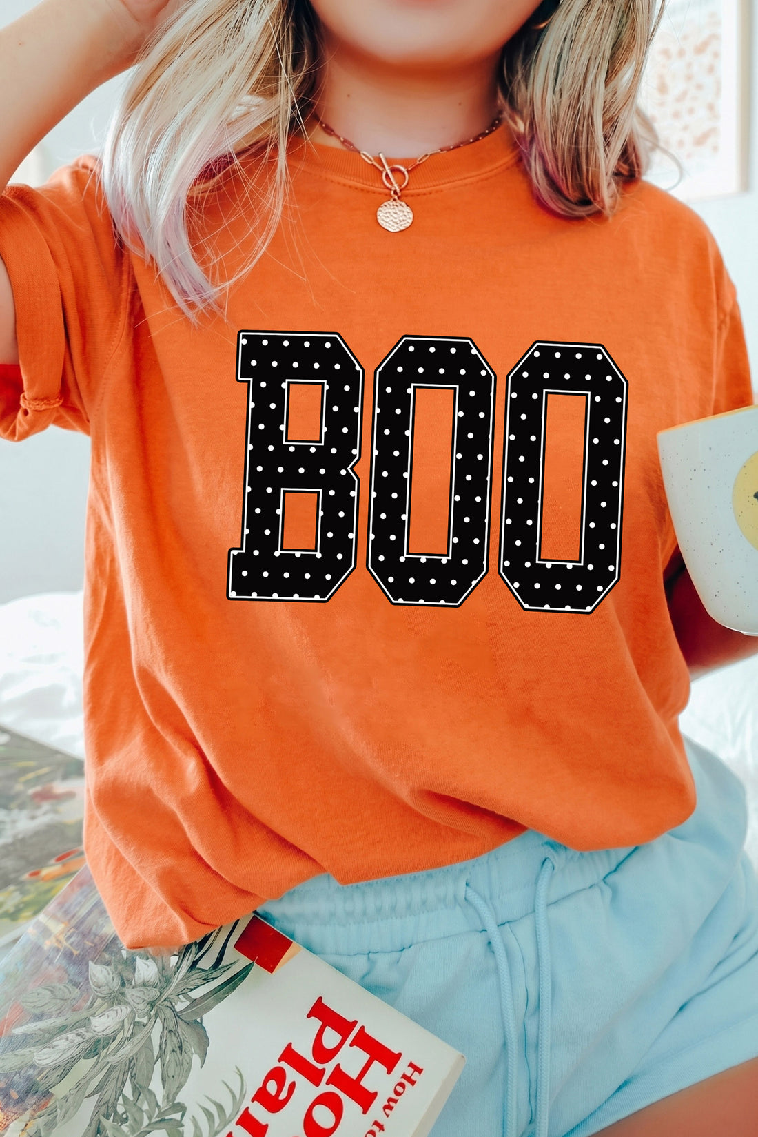 Orange Polka Dot BOO Slogan Short Sleeve Round Neck Halloween T-Shirt