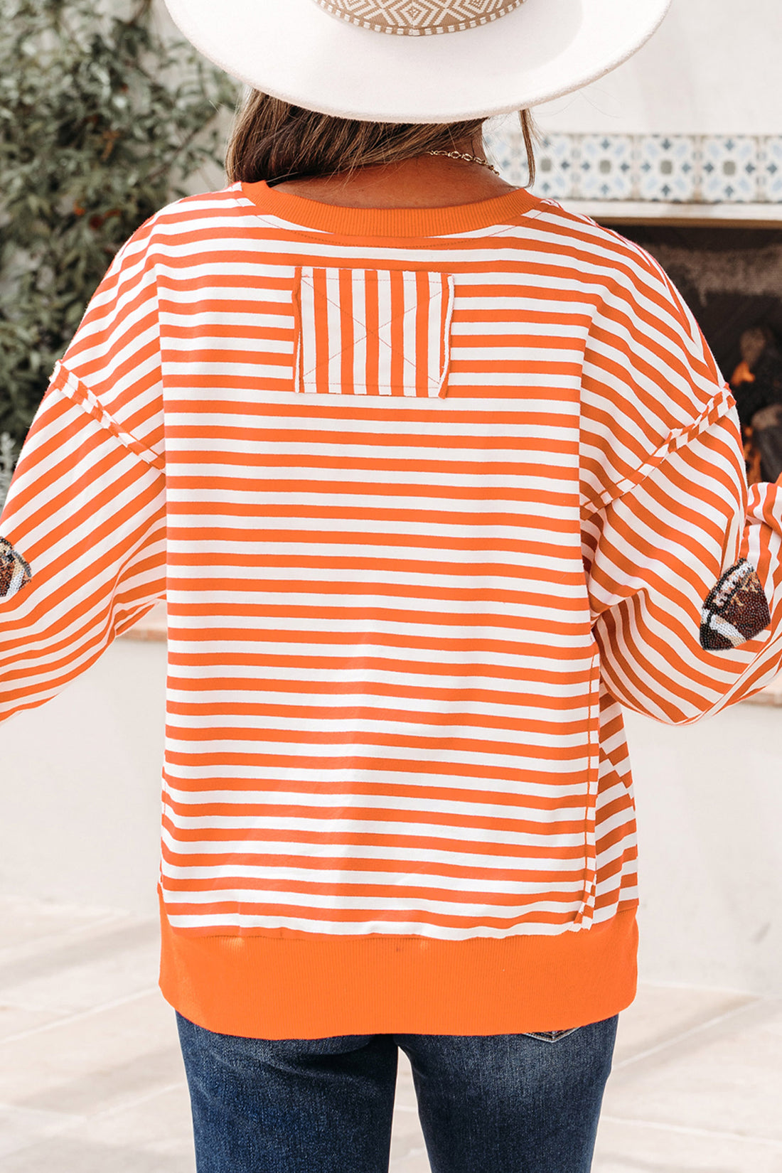 Orange Stripe Sequined Rugby Graphic Raw Seam Detail Long Sleeve Loose Top