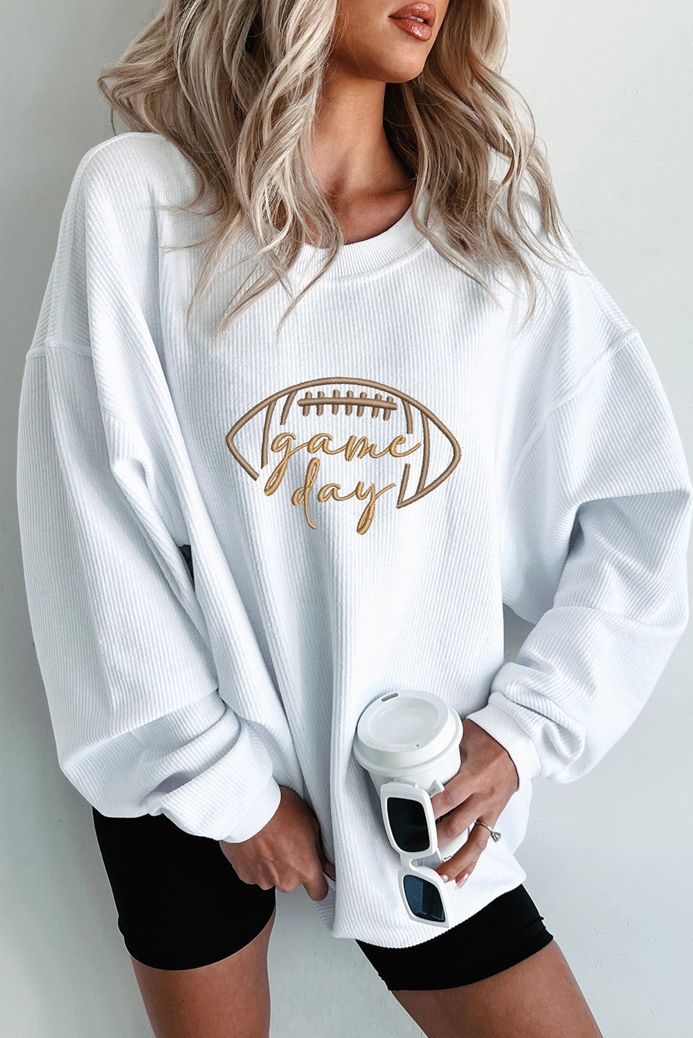White Rugby Game Day Embroidered Corduroy Sweatshirt