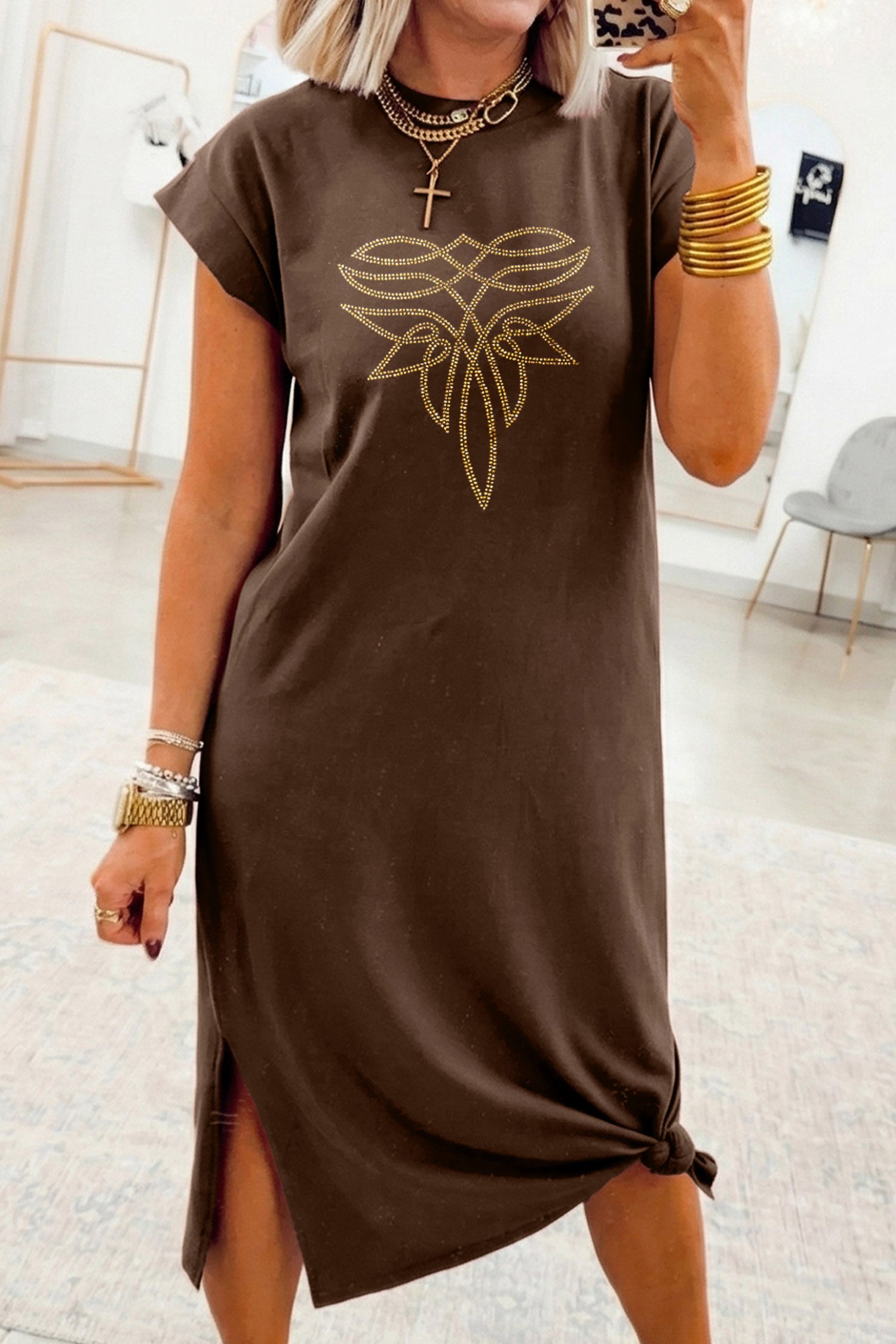 Red Sandalwood Rhinestone Western Graphic Side Slit Midi T-Shirt Dress