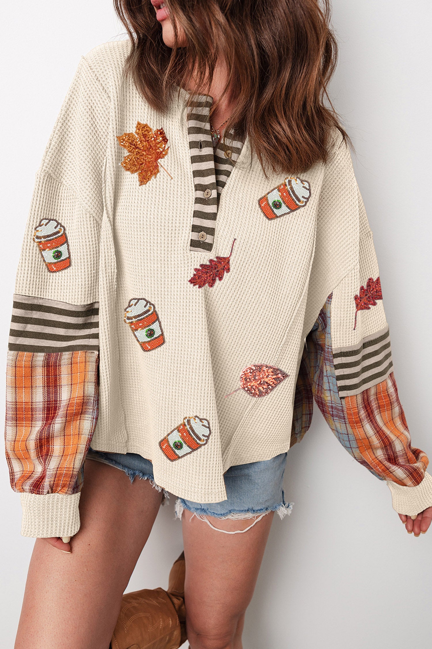 Beige Sequined Fall Vibe Pattern Plaid Stripes Patchwork Waffle Top