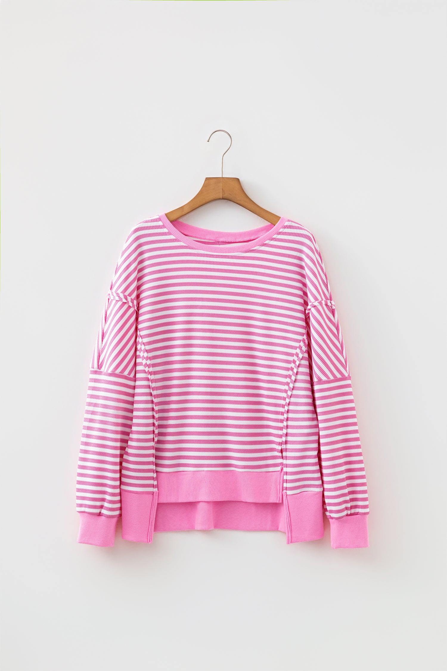 Pink Stripe Textured Knit Color Block Trim Split Hem Long Sleeve Top