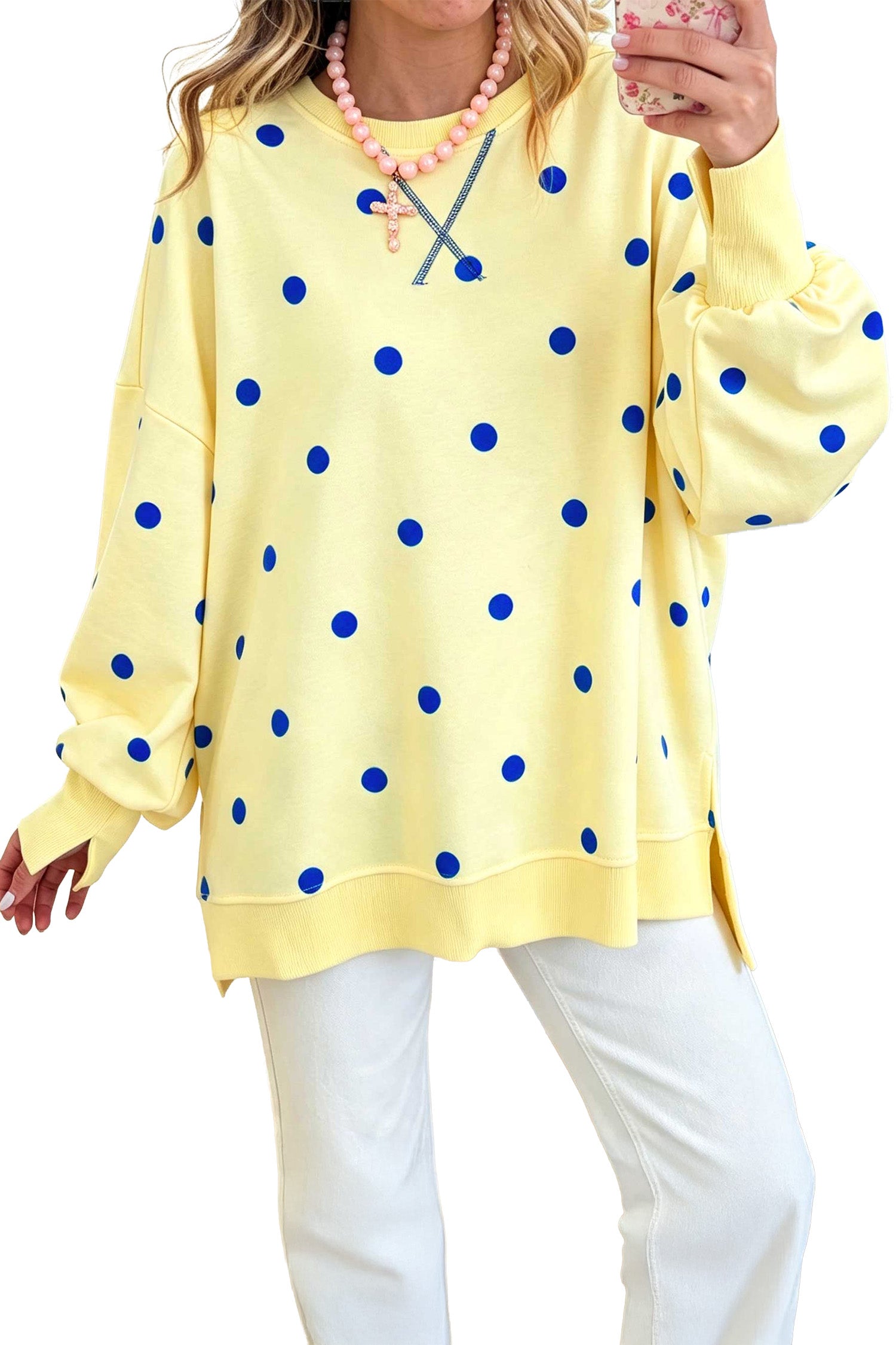 Yellow Polka Dot Loose Long Sleeve Split Hem Pullover Top