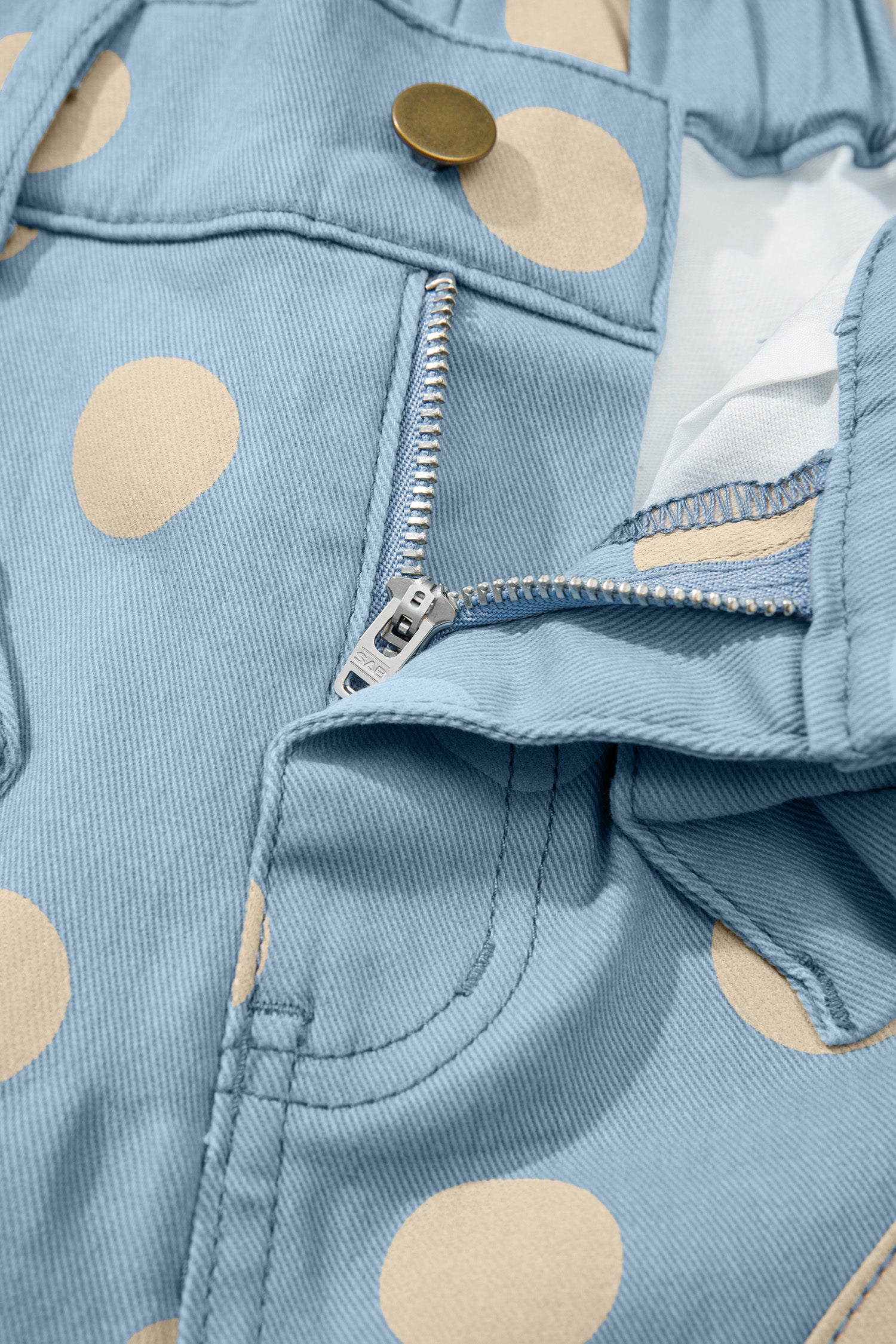 Sky Blue Polka Dot Print Bow Detail Pocketed Jeans