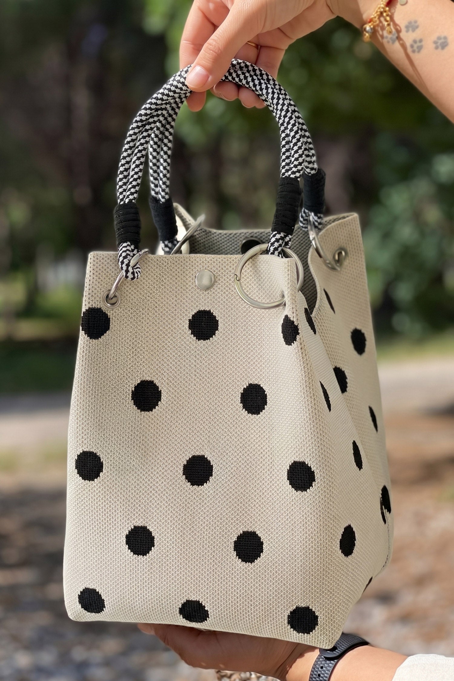 White Polka Dot Print Rope Handle Tote Bag