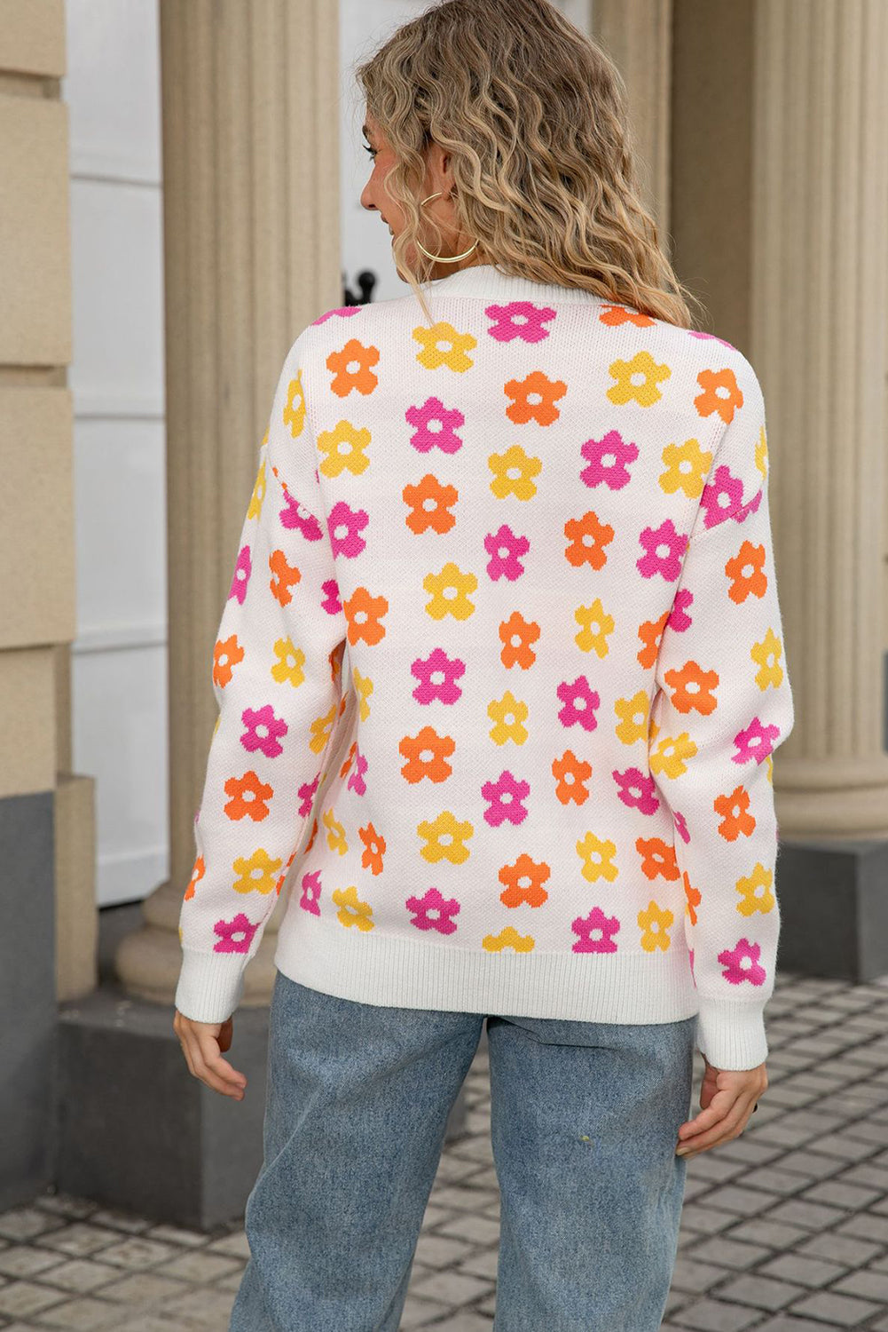 White Cute Flower Allover Ribbed Trimmed Drop Shoulder Pullover Sweater