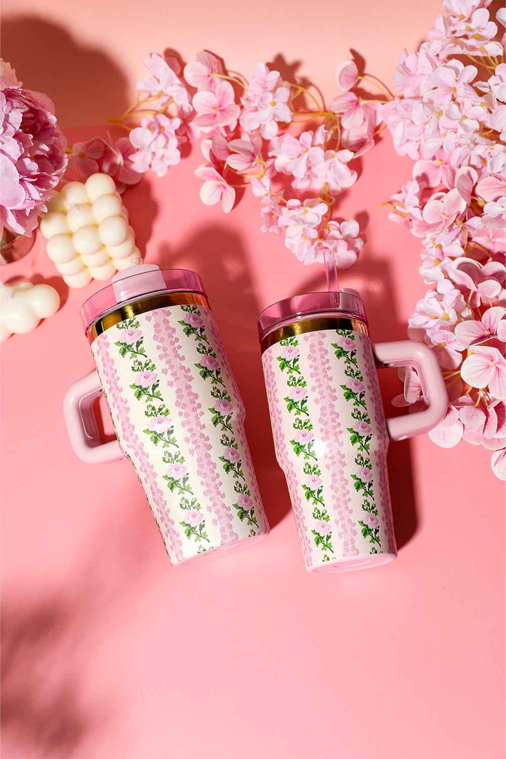 Pink 14/20 OZ Dainty Floral Print Stainless Steel Tumbler with Straw
