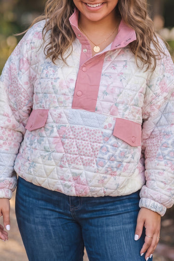 Pink Floral Quilted V-Neck Plus Size Fake Pocket Sweatshirt