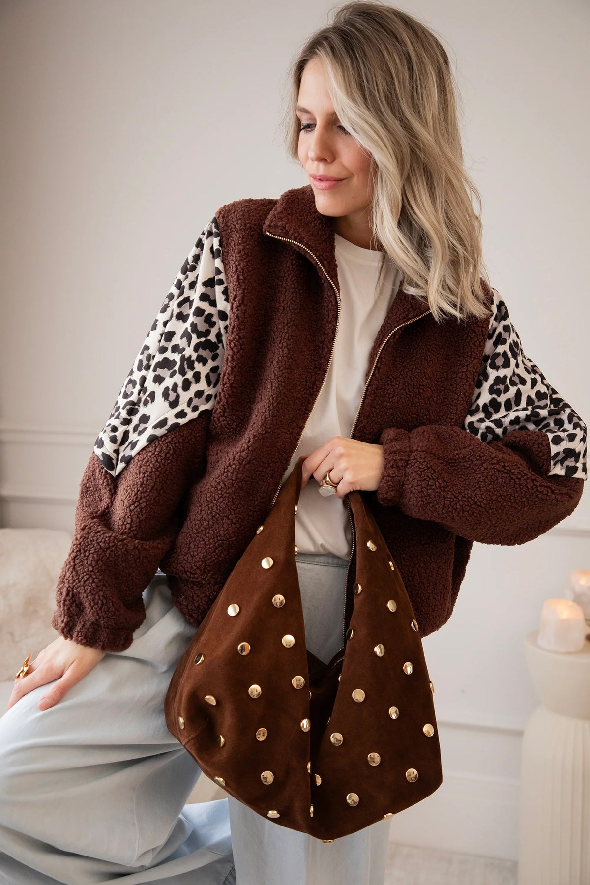 Coffee Leopard Patchwork Fleece Western Style Zip-up Collar Jacket