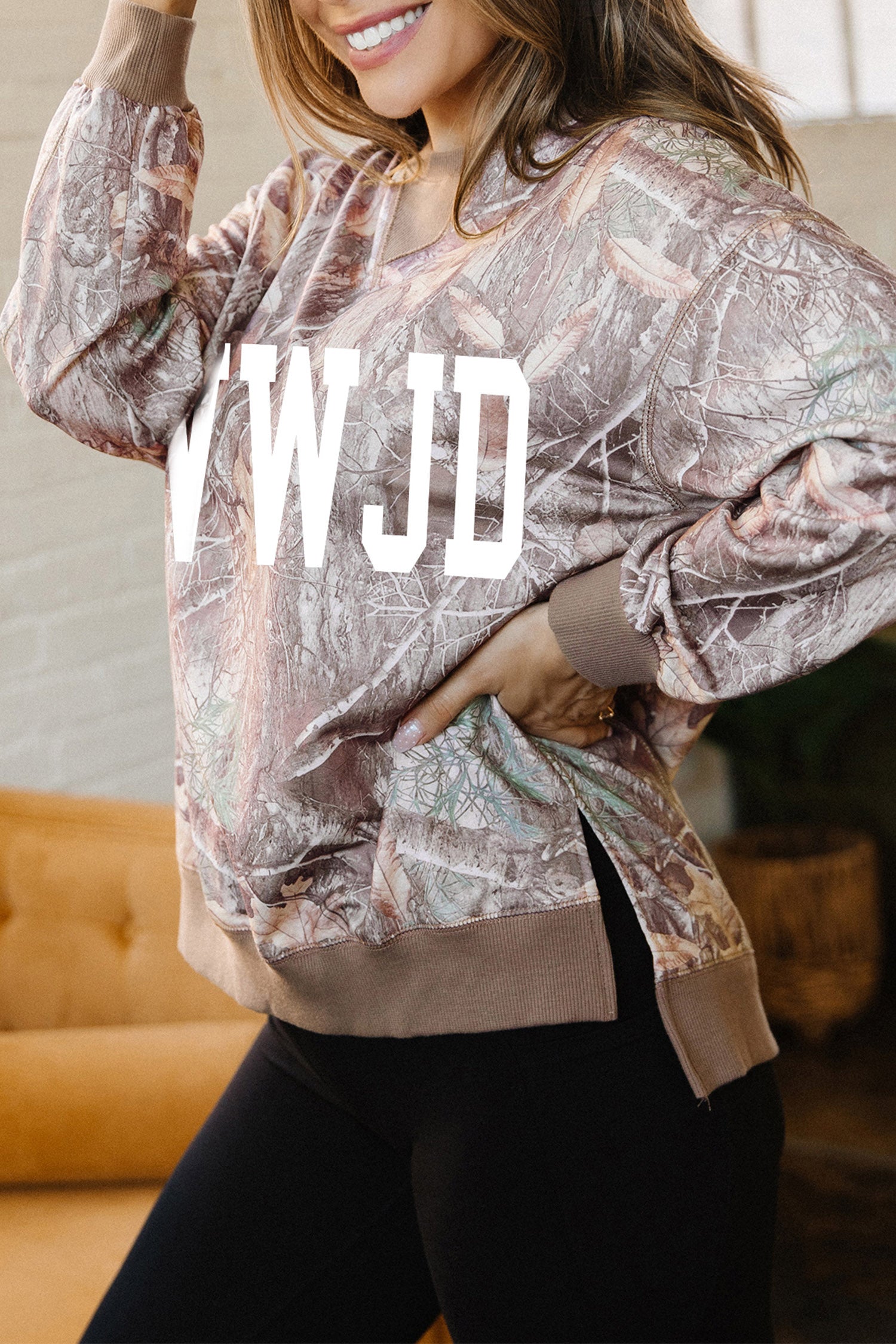 Brown Casual Camo WWJD Graphic Slit Sweatshirt