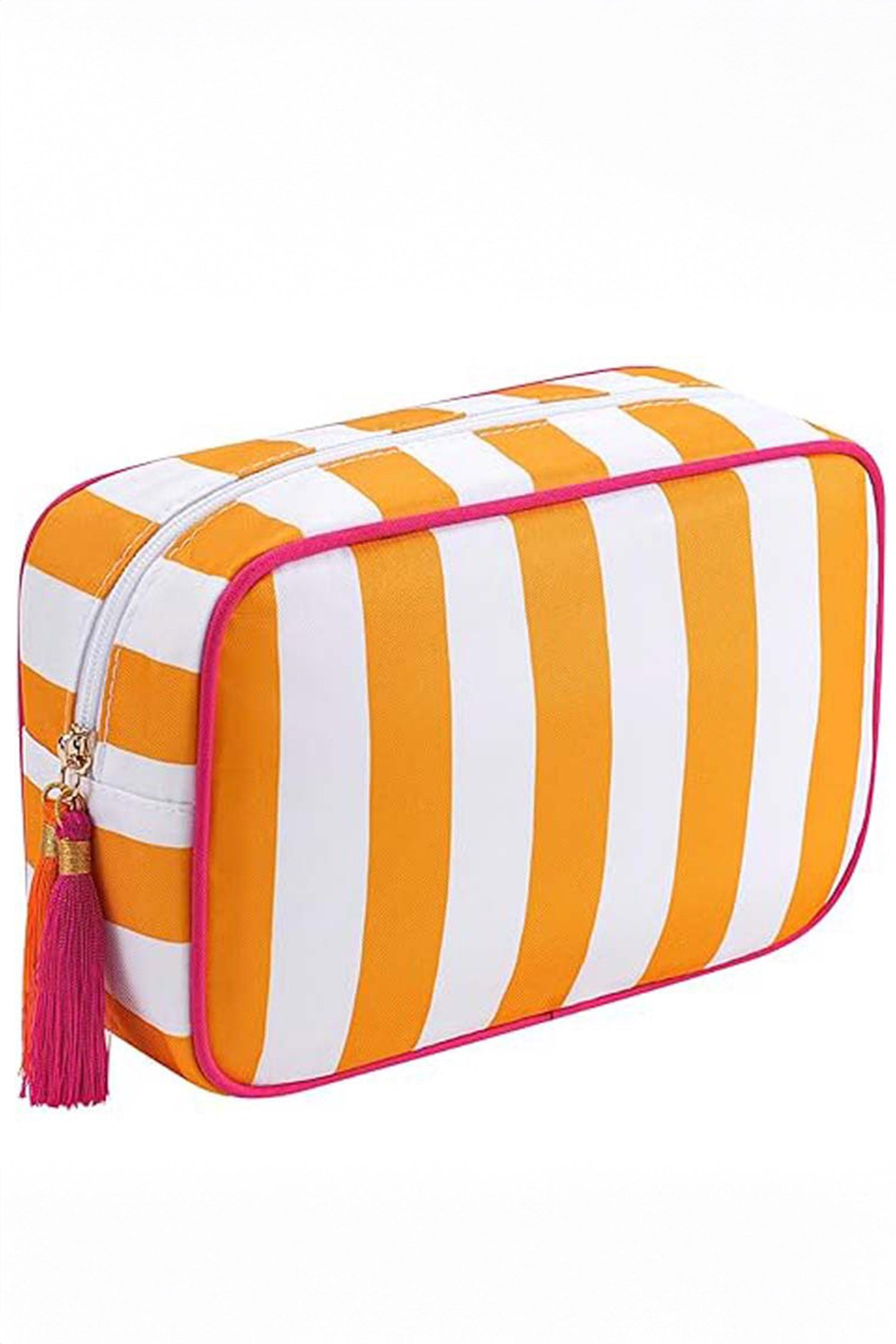 Russet Orange Striped Print Tassel Zipper PU Large Cosmetic Bag