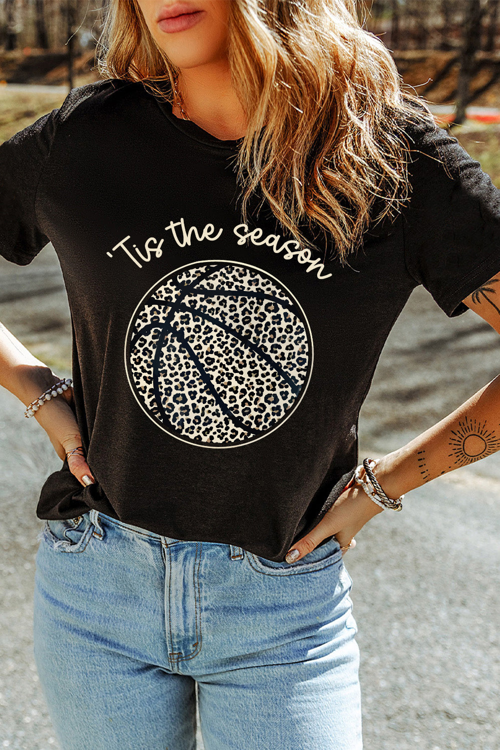 Black Leopard Basketball Printed Crew Neck Tee