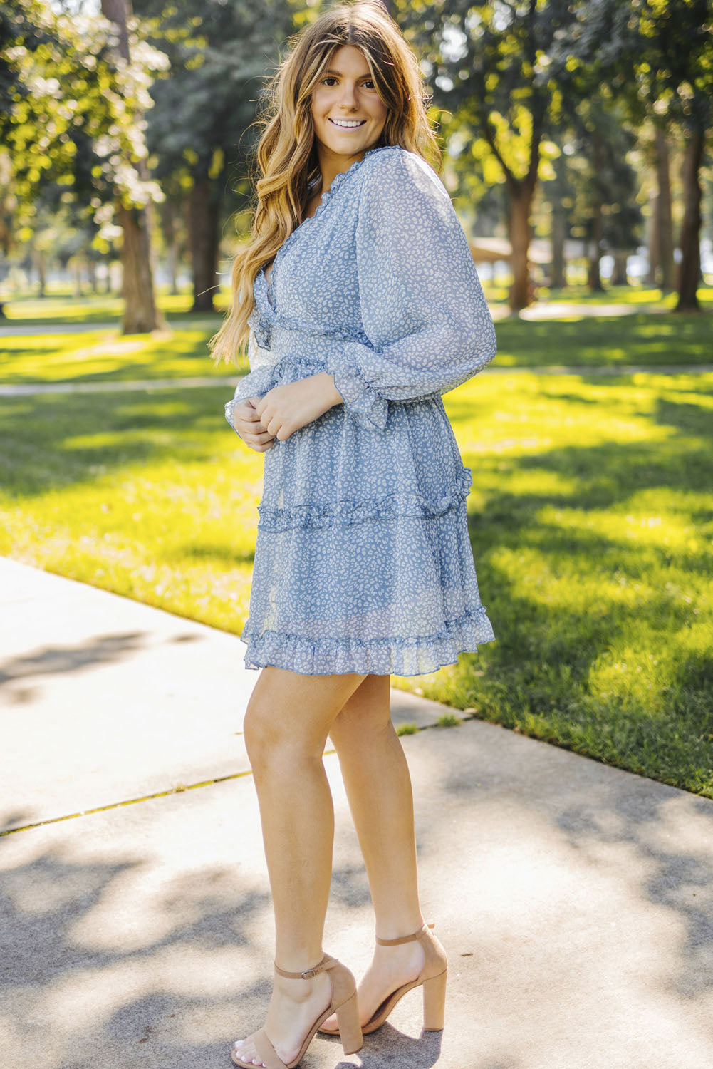 Sky Blue Ruffle Detailing Open Back Floral Dress