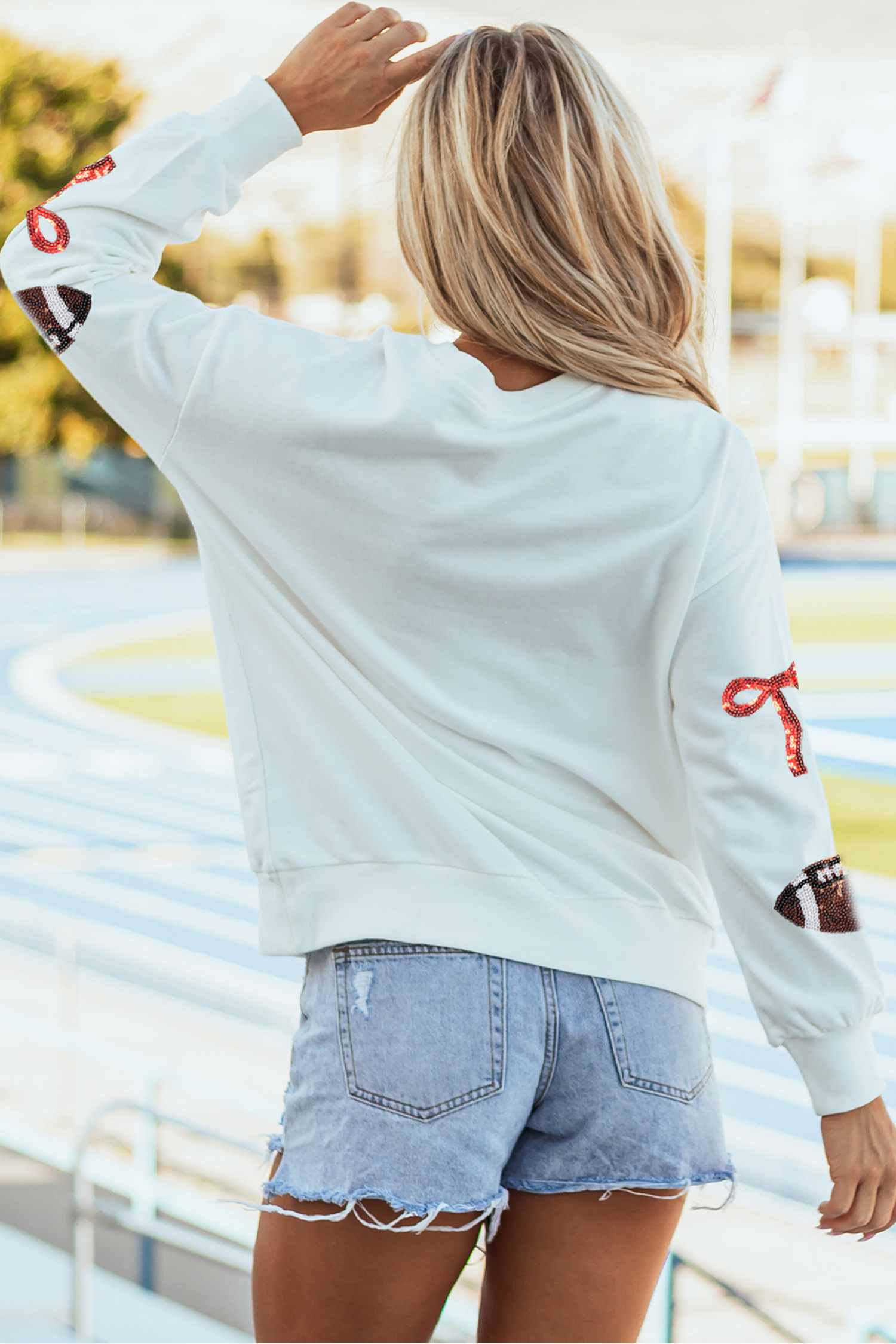 White Sequin Rugby Bow Graphic ODM Casual Pullover Sweatshirt