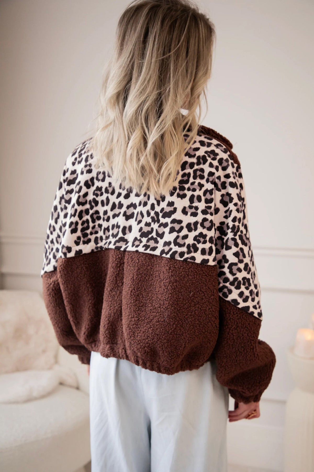 Coffee Leopard Patchwork Fleece Western Style Zip-up Collar Jacket