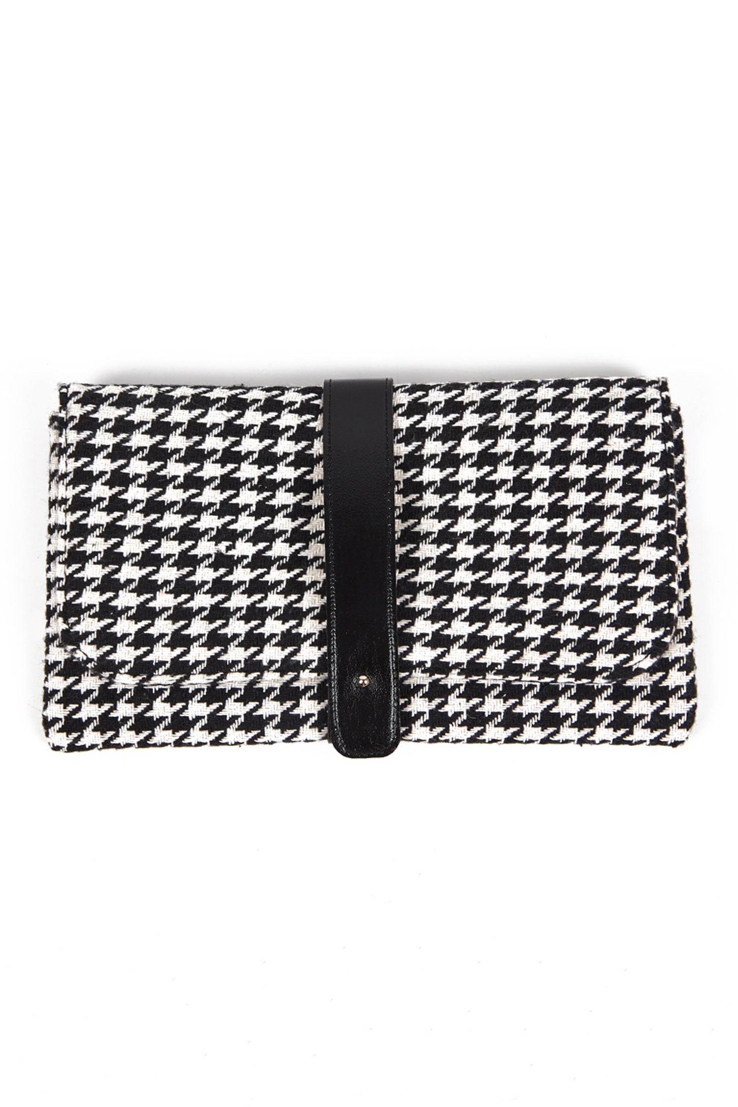 Black Houndstooth Print PU Leather Tab Patchwork Wallet Clutch Bag