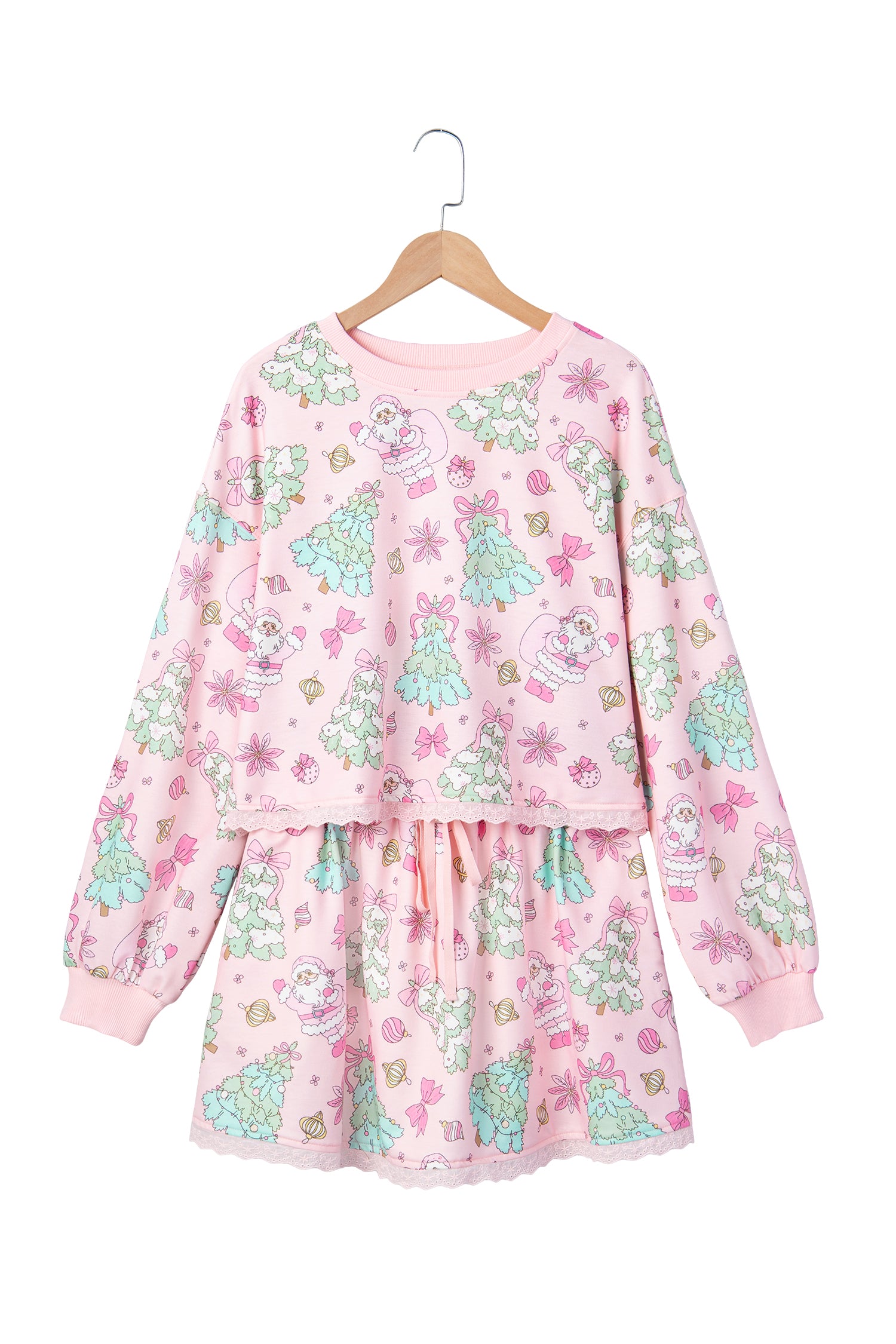 Pink Floral Print Lace Trim Long Sleeve Skirt Set