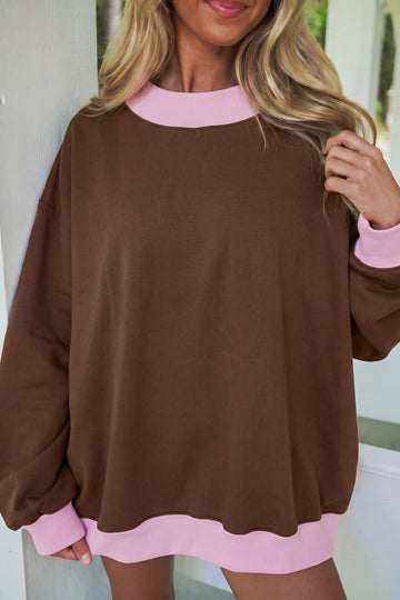 Coffee Colorblock Trim Crewneck Long Sleeve Pullover Sweatshirt
