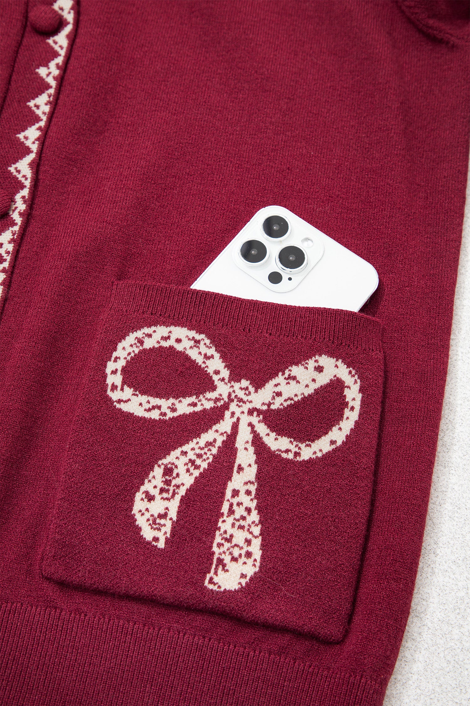 Burgundy Bow Pocket Collar Long Sleeve Knit Cardigan