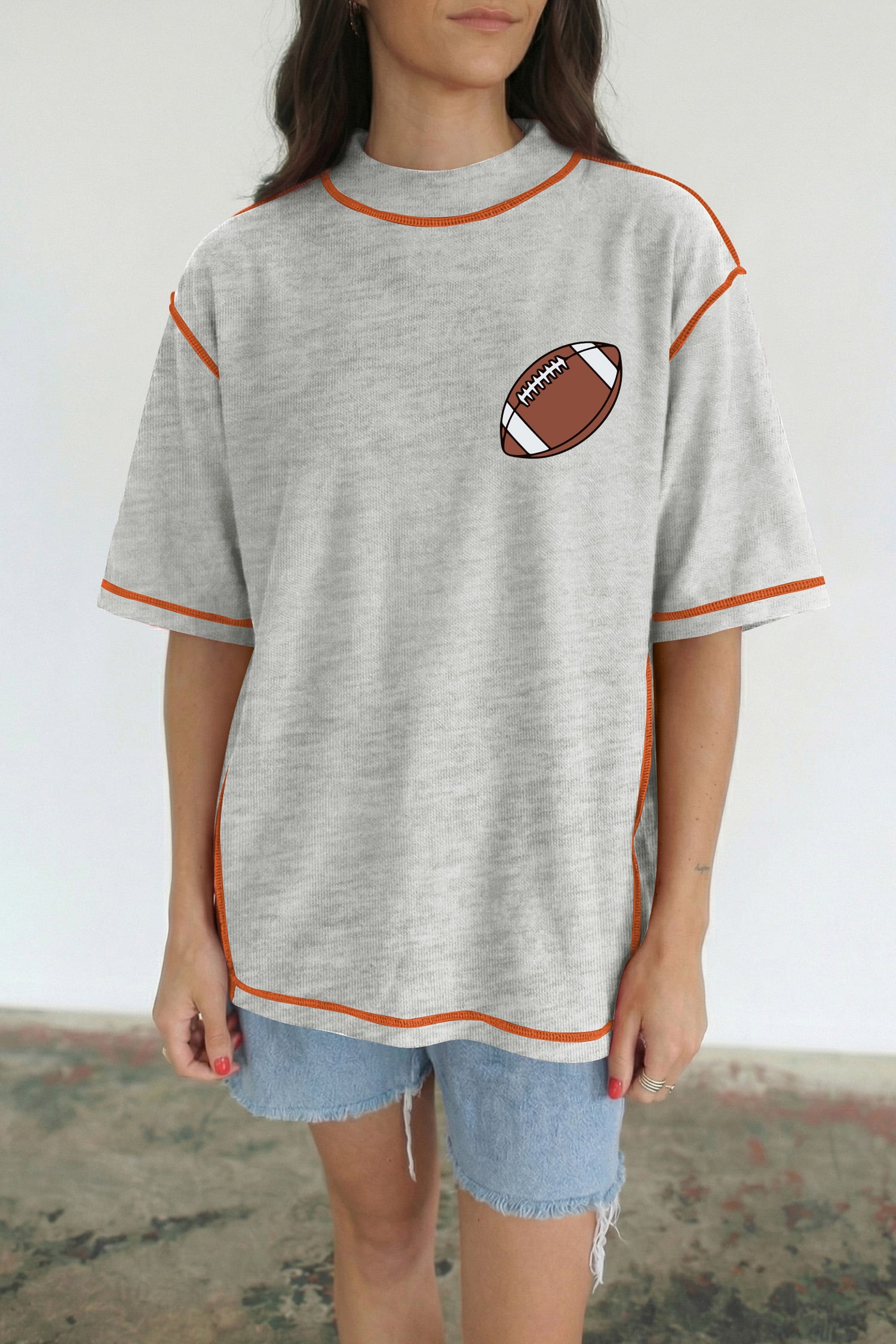 Light Grey Rugby/ Game Day Double Side Printed Mock Neck Stitched T Shirt