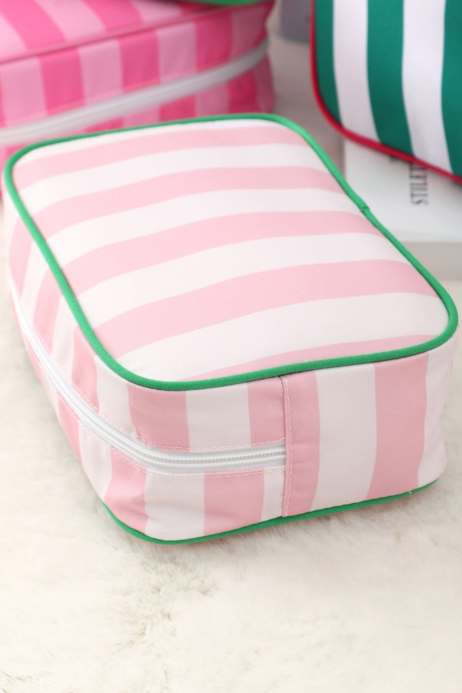 Pink Striped Print Tassel Zipper PU Large Cosmetic Bag
