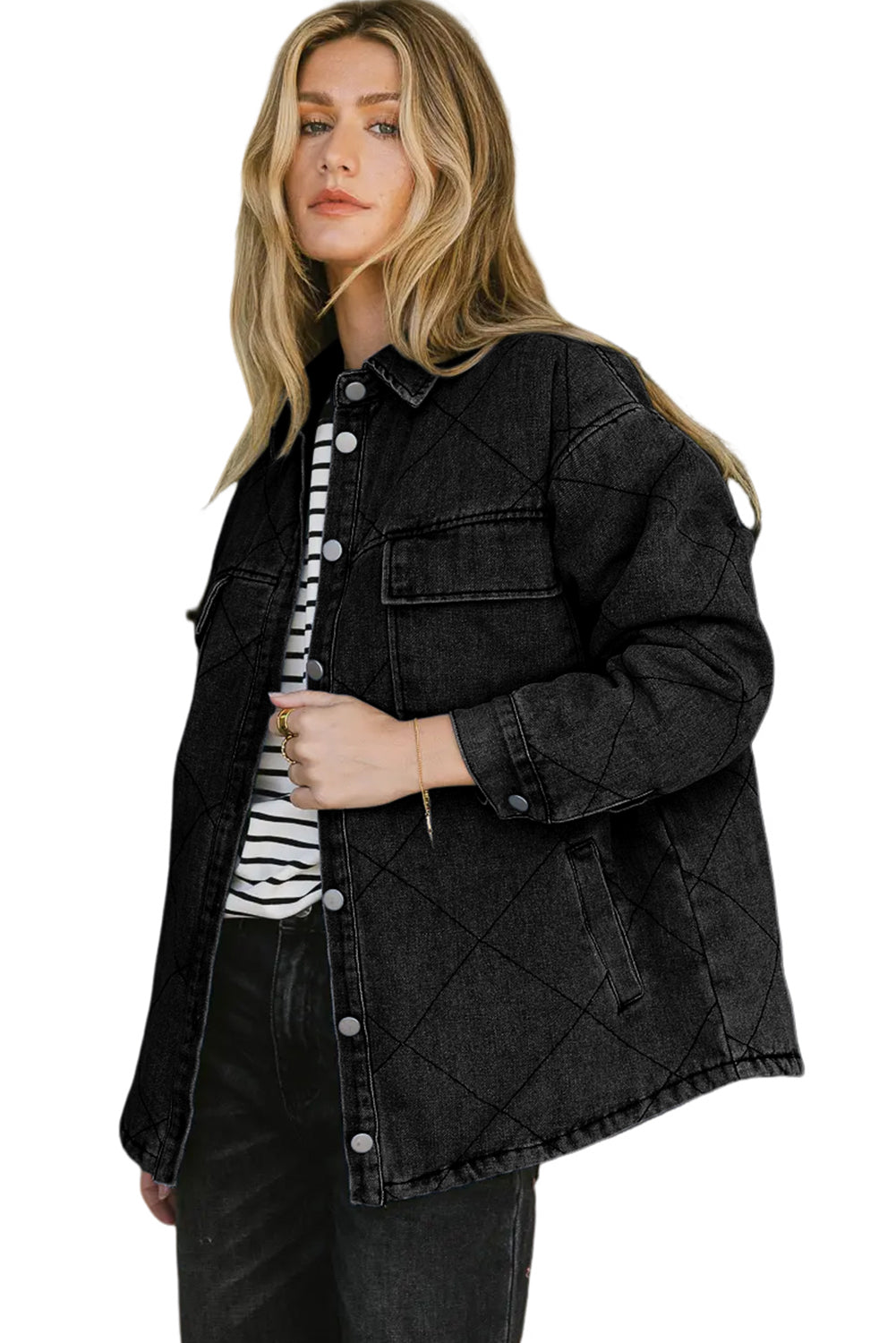 Black Rhombus Stitched Pattern Button Pocketed Denim Jacket