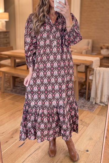 Brown Floral Print Button Front Ruffle Hem Midi Dress