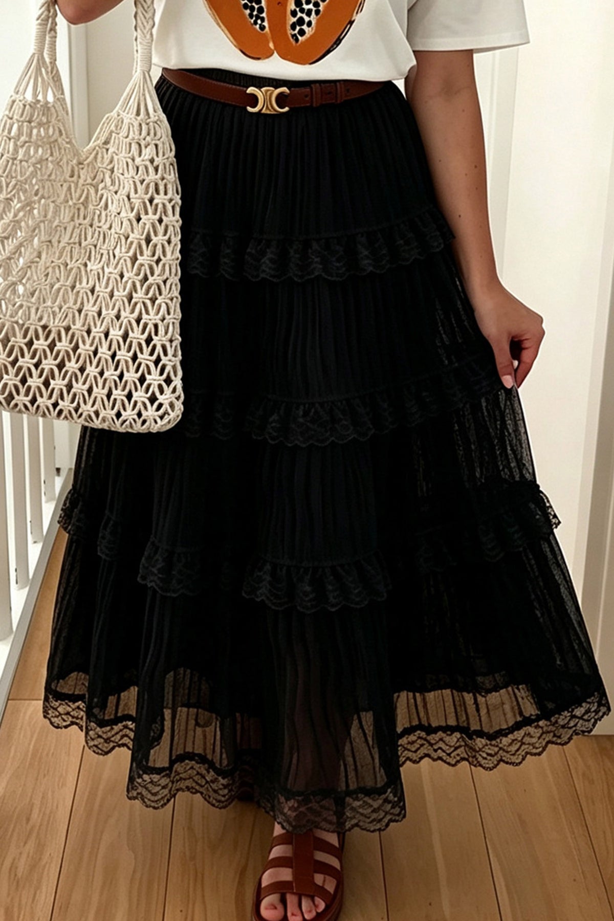 Black Pleated Tiered Lace Trim Maxi Skirt