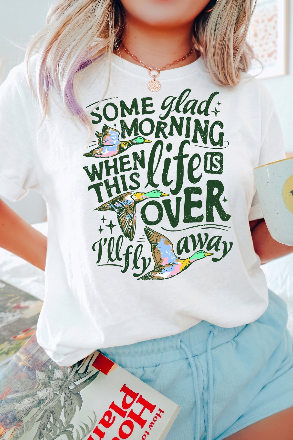 White Life Slogan Western Flying Mallard Print Relaxed T Shirt