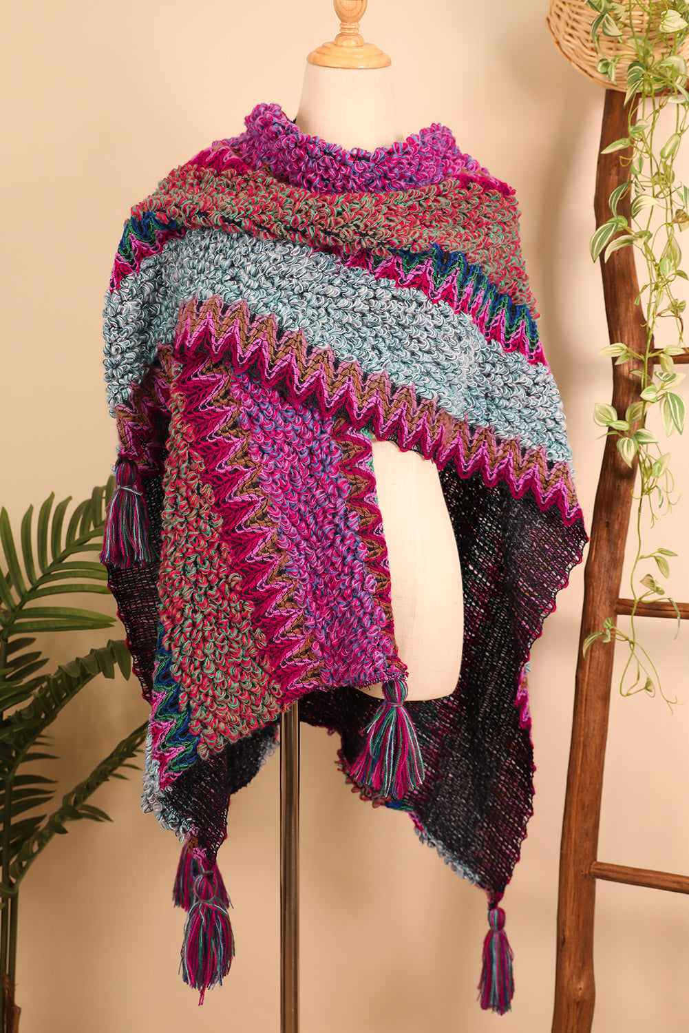 Rose Red Ethnic Knit Shawl Wrap Cape Sweater Thickened Tassel Poncho Cloak