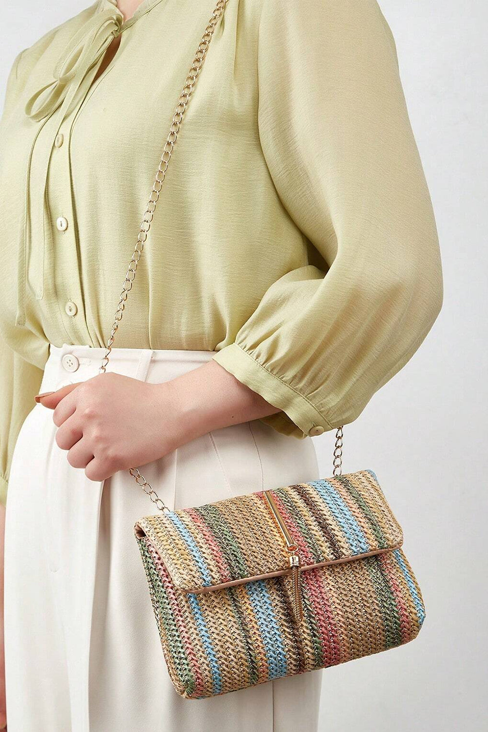 Apricot Straw Plaited Gold Chain Clasp Closure Single Shoulder Bag
