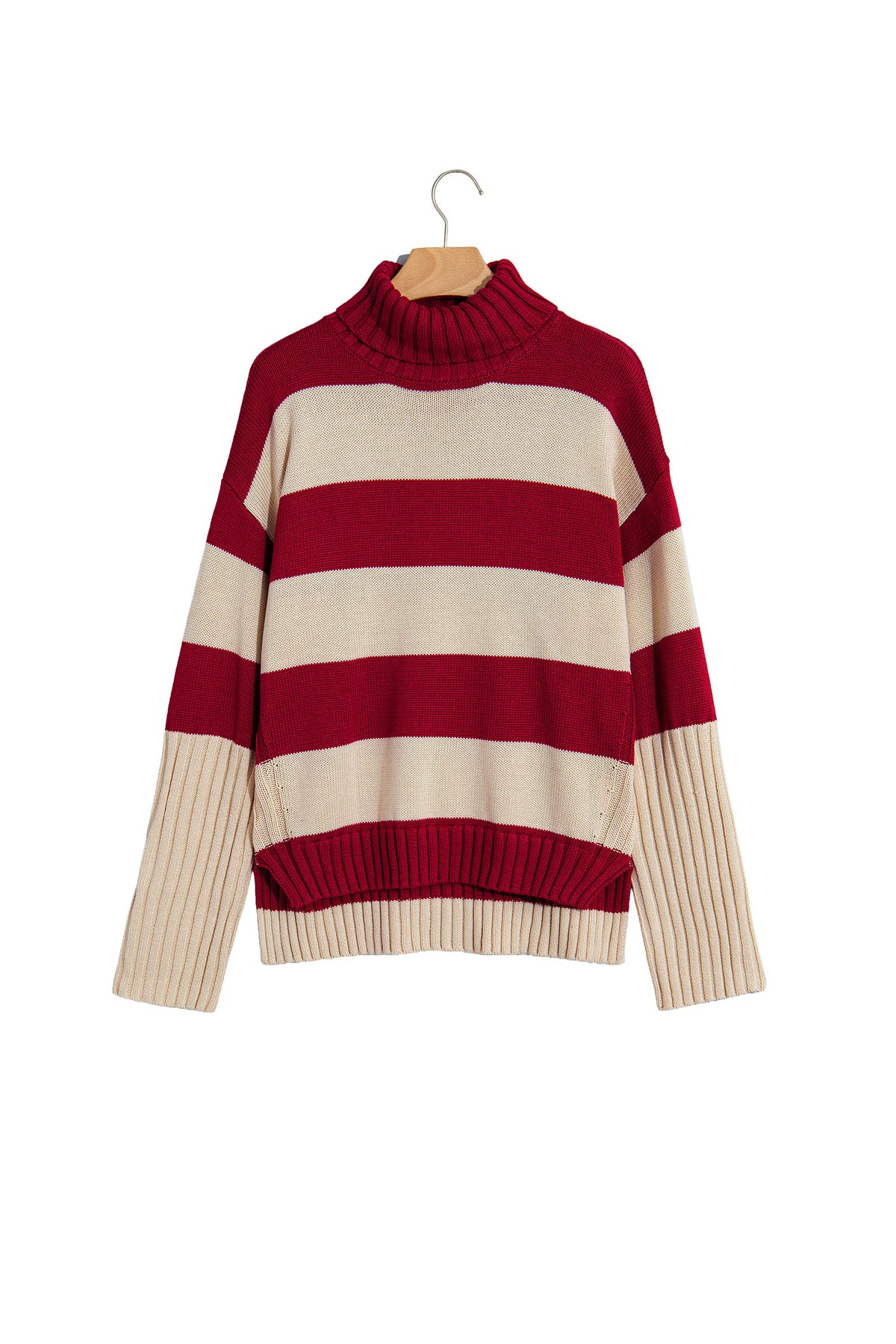 Red Stripe Ribbed Trim High Neck Relaxed Pullover Sweater