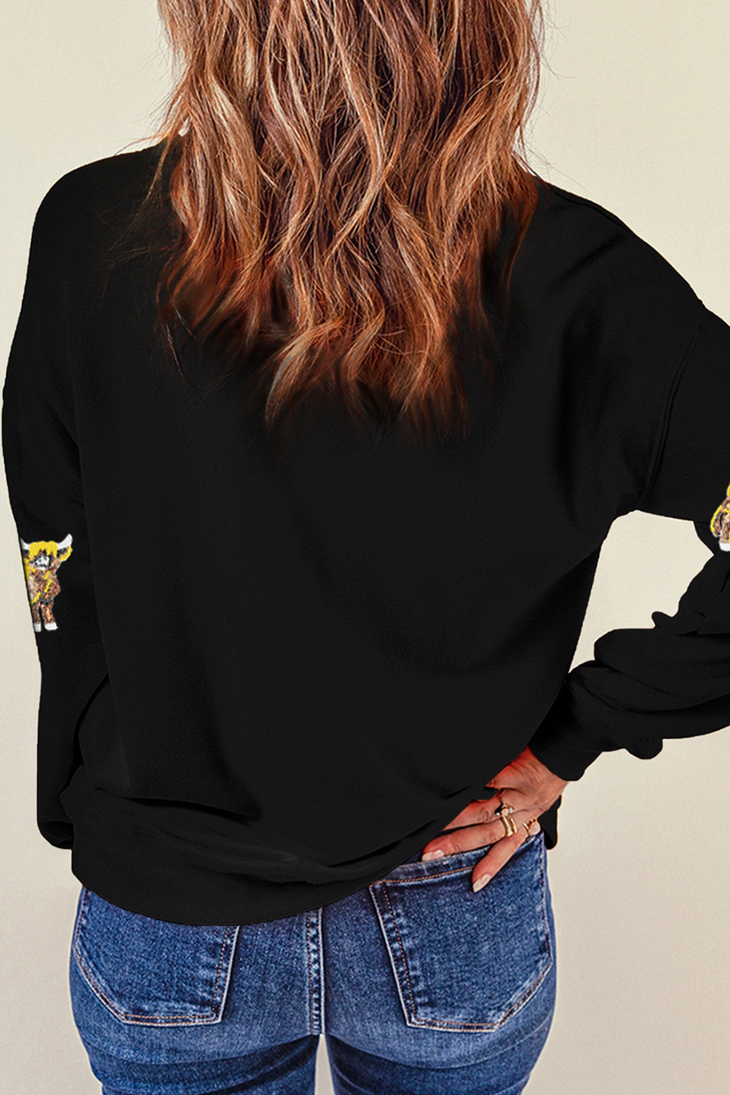 Black Sequined Western Print Long Sleeve Casual Pullover Sweatshirt