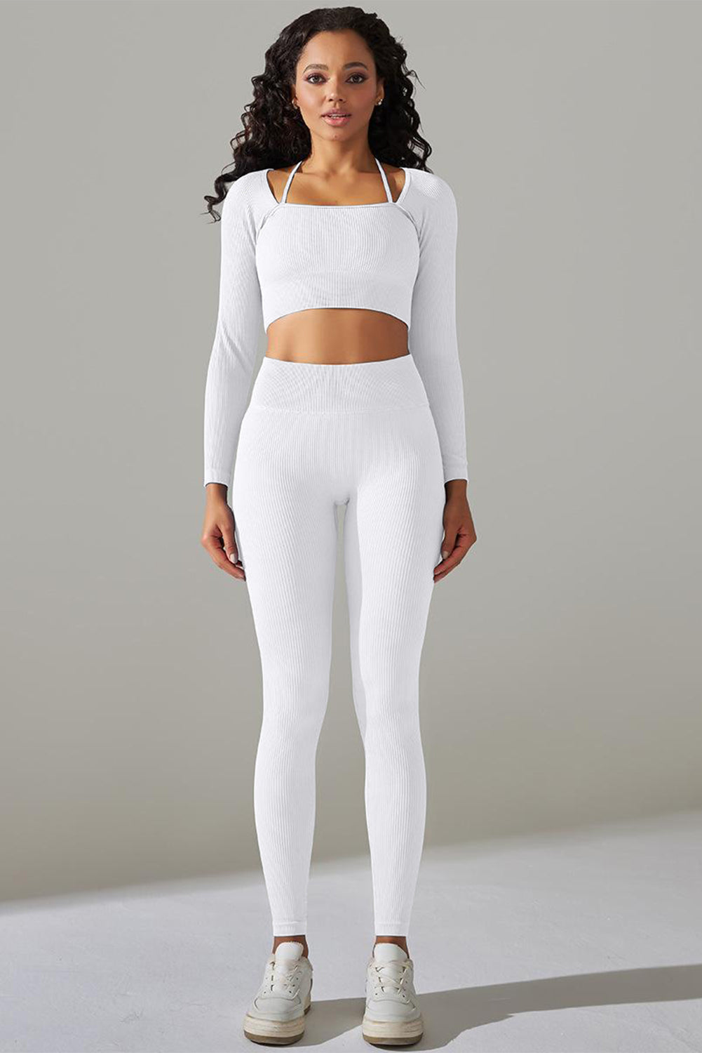 White Ribbed Long Sleeve Strappy Square Neck 2pcs Yoga Set