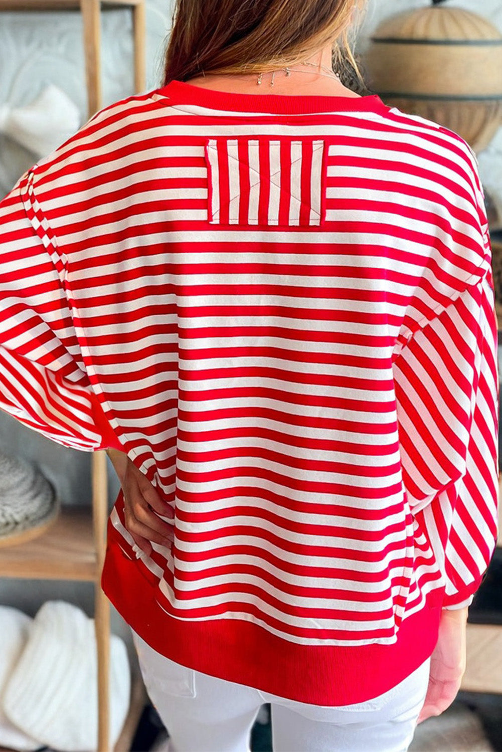 Red Stripe Christmas Nutcracker Sequin Patched Drop Shoulder Top