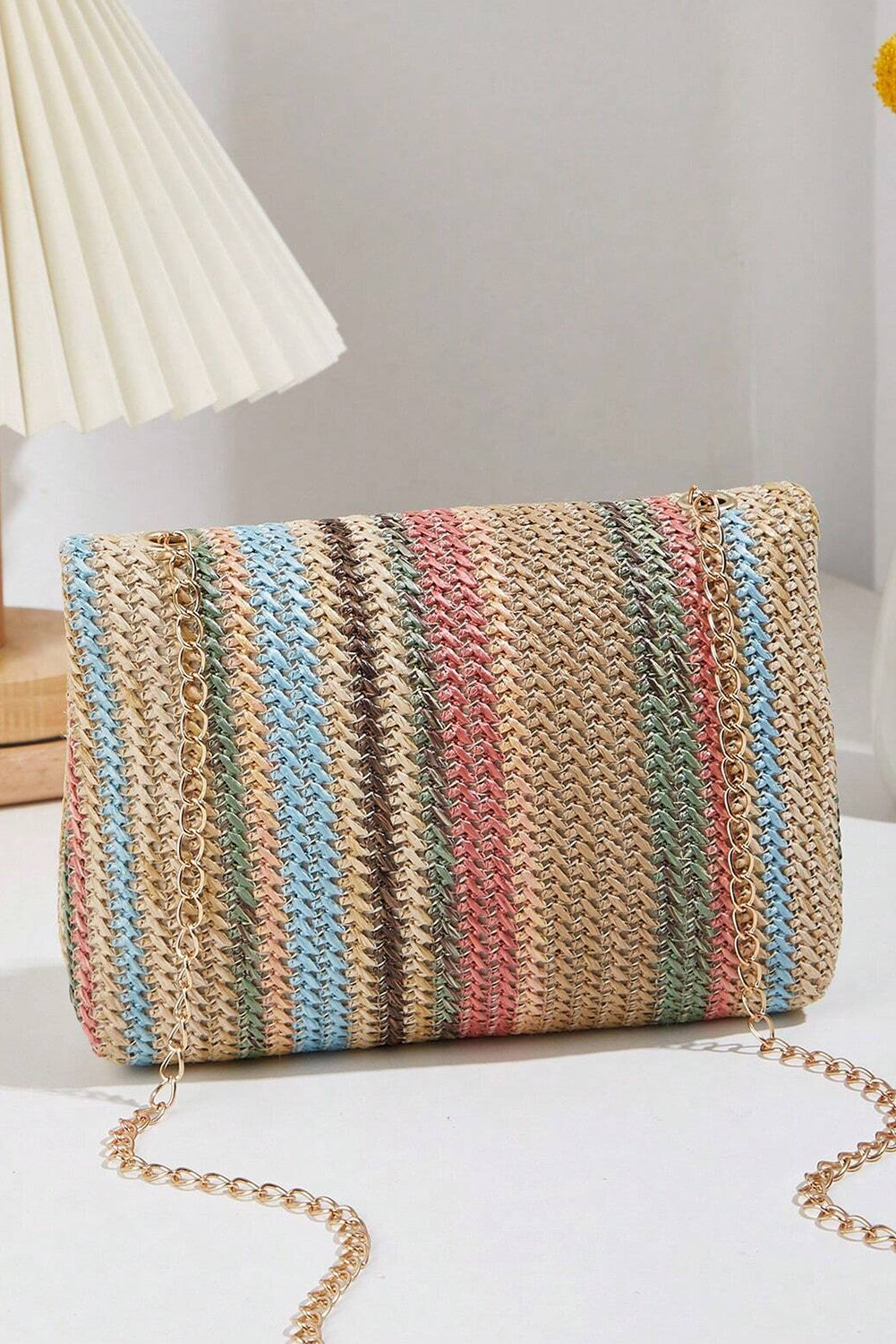 Apricot Straw Plaited Gold Chain Clasp Closure Single Shoulder Bag