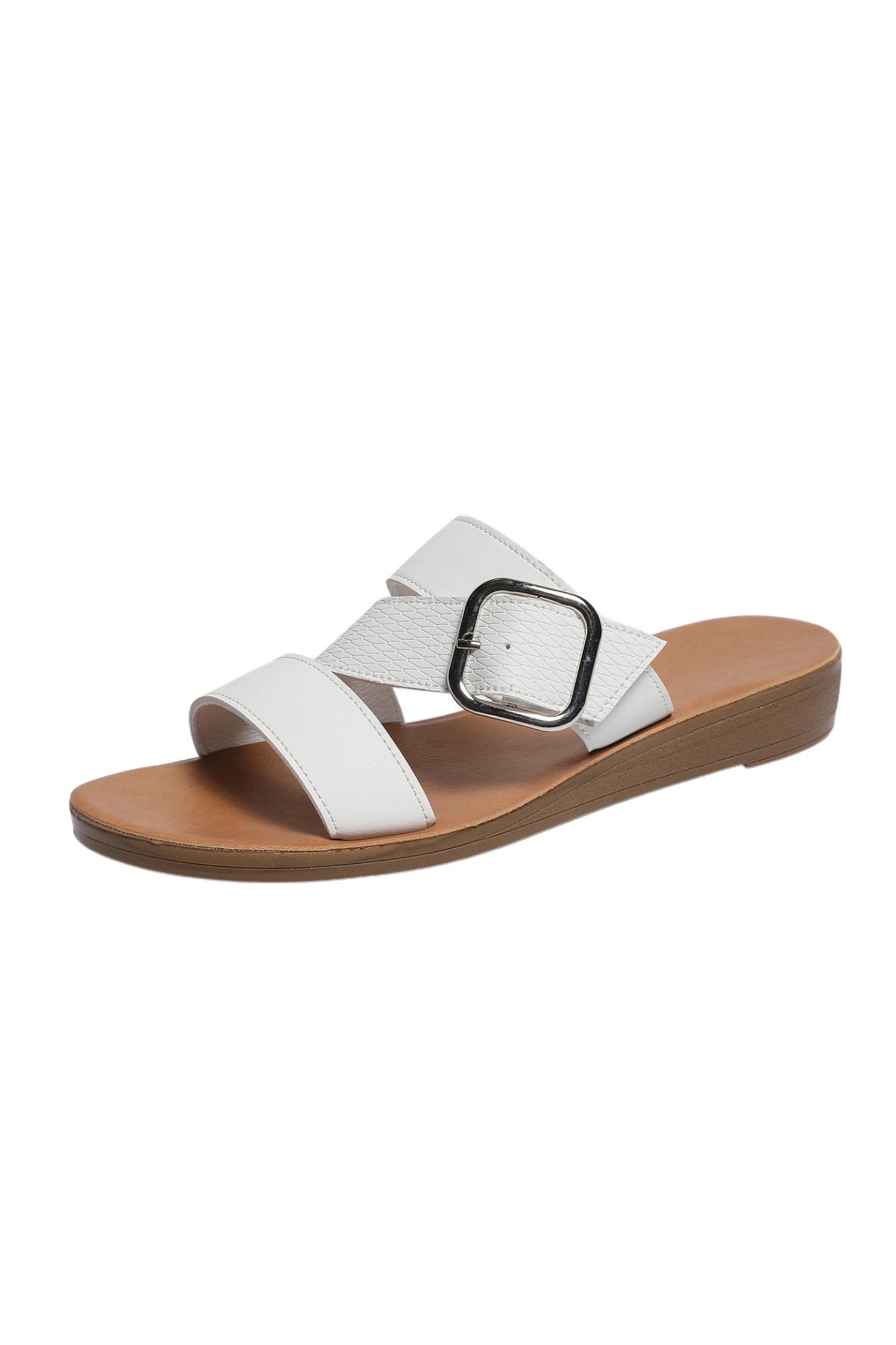 White Casual Buckle Slip-On Flat Slippers with TPR Sole
