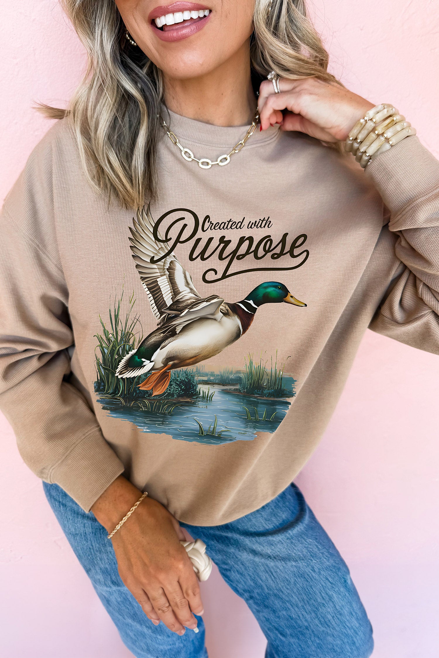 Khaki Created with Purpose Western Mallard Graphic Casual Pullover Sweatshirt