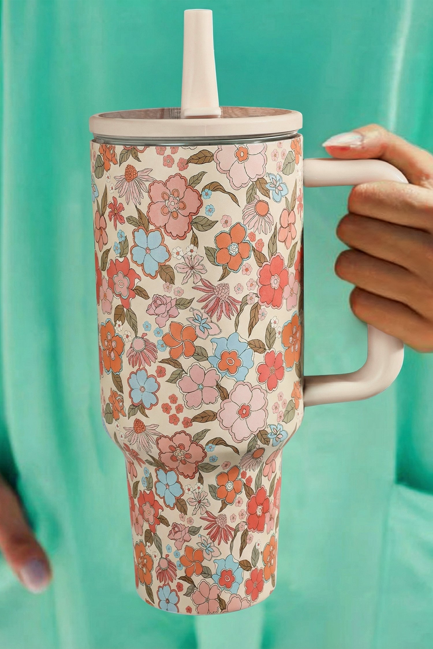 White Floral Print Flip Straw Single Handle Travel Cup