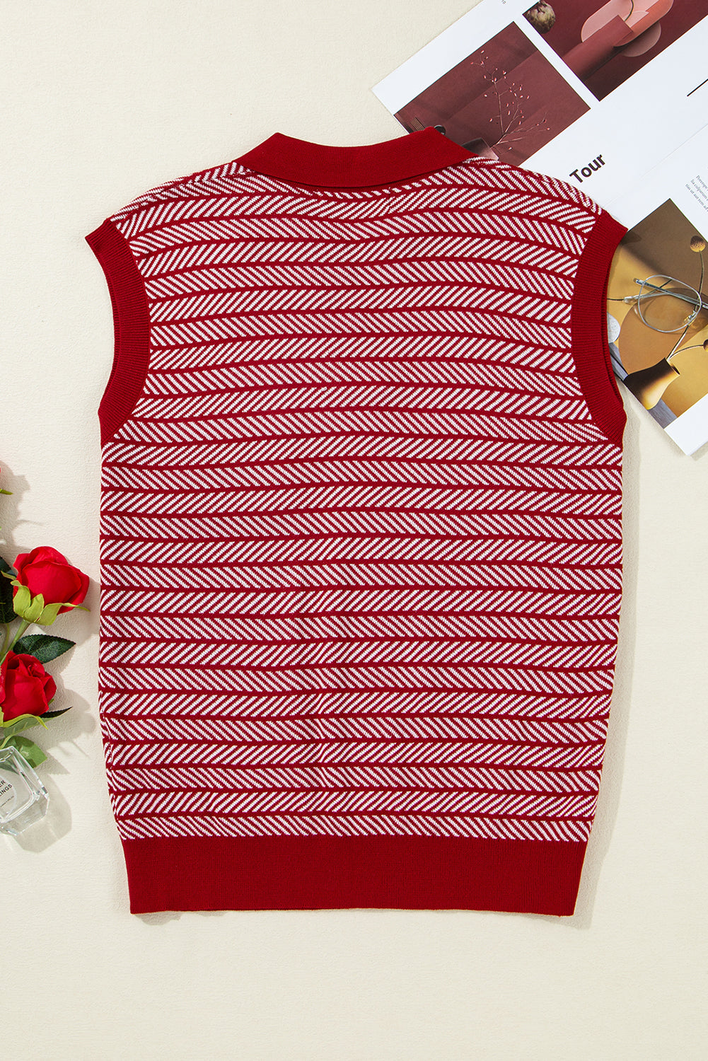 Red Stripe Contrast Trim Sleeveless Polo Collar Sweater
