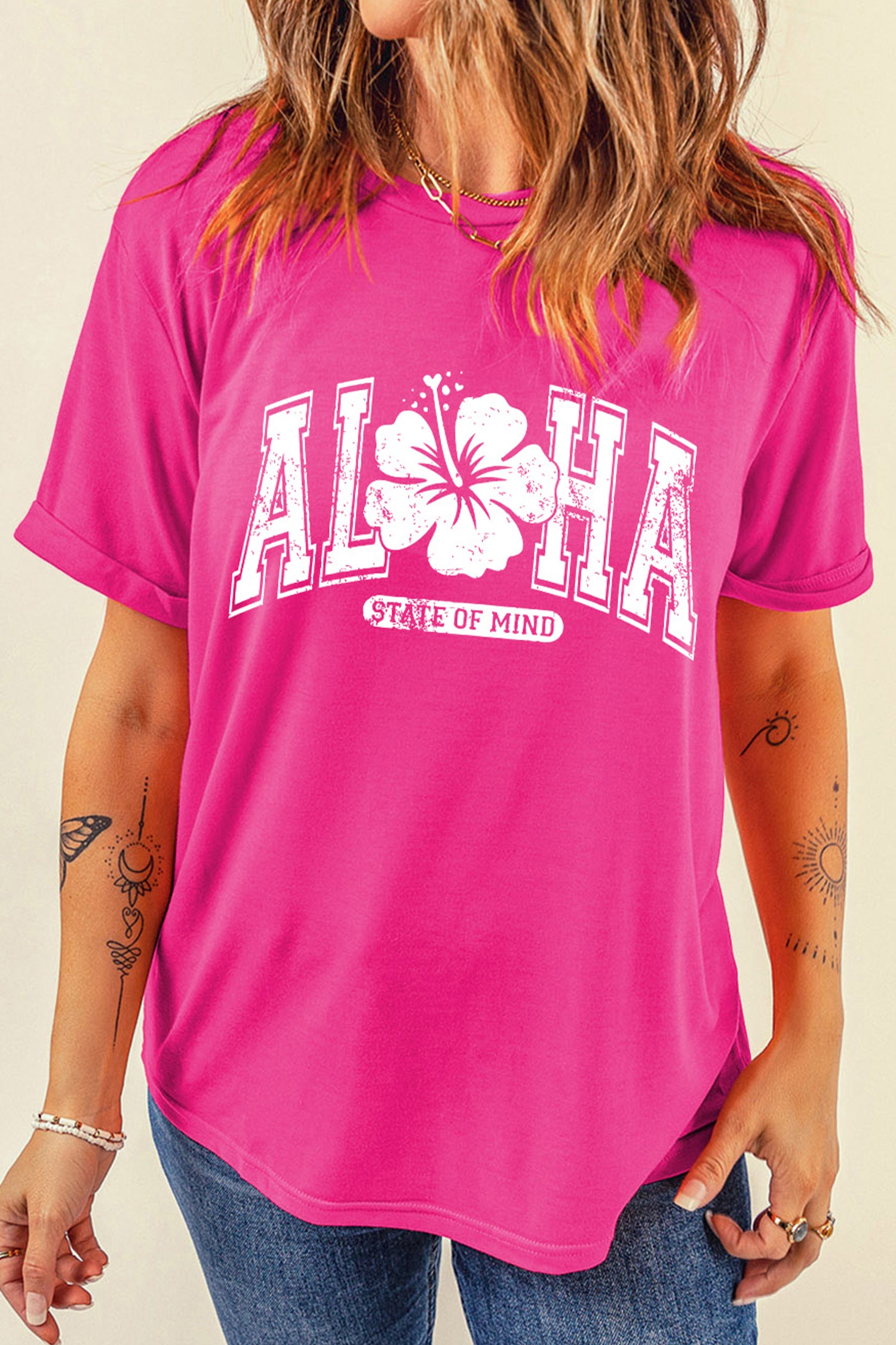 Rose Red ALOHA STATE OF MIND Flower Printed Tee