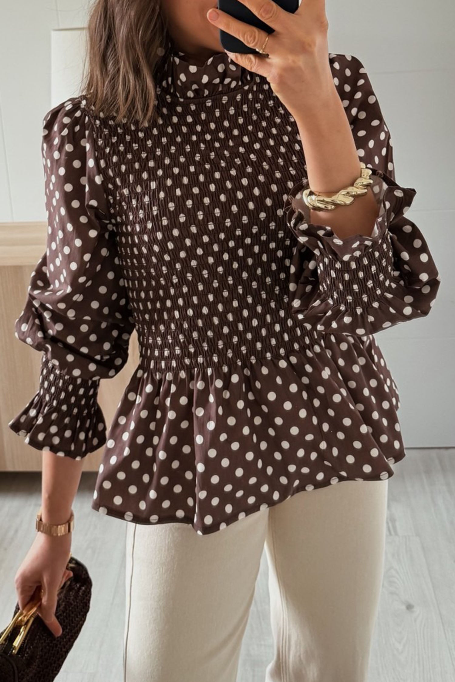 Brown Polka Dot Ruffled High Neck Shirred Ruffle Hem Blouse
