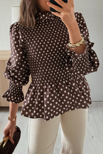 Brown Polka Dot Ruffled High Neck Shirred Ruffle Hem Blouse