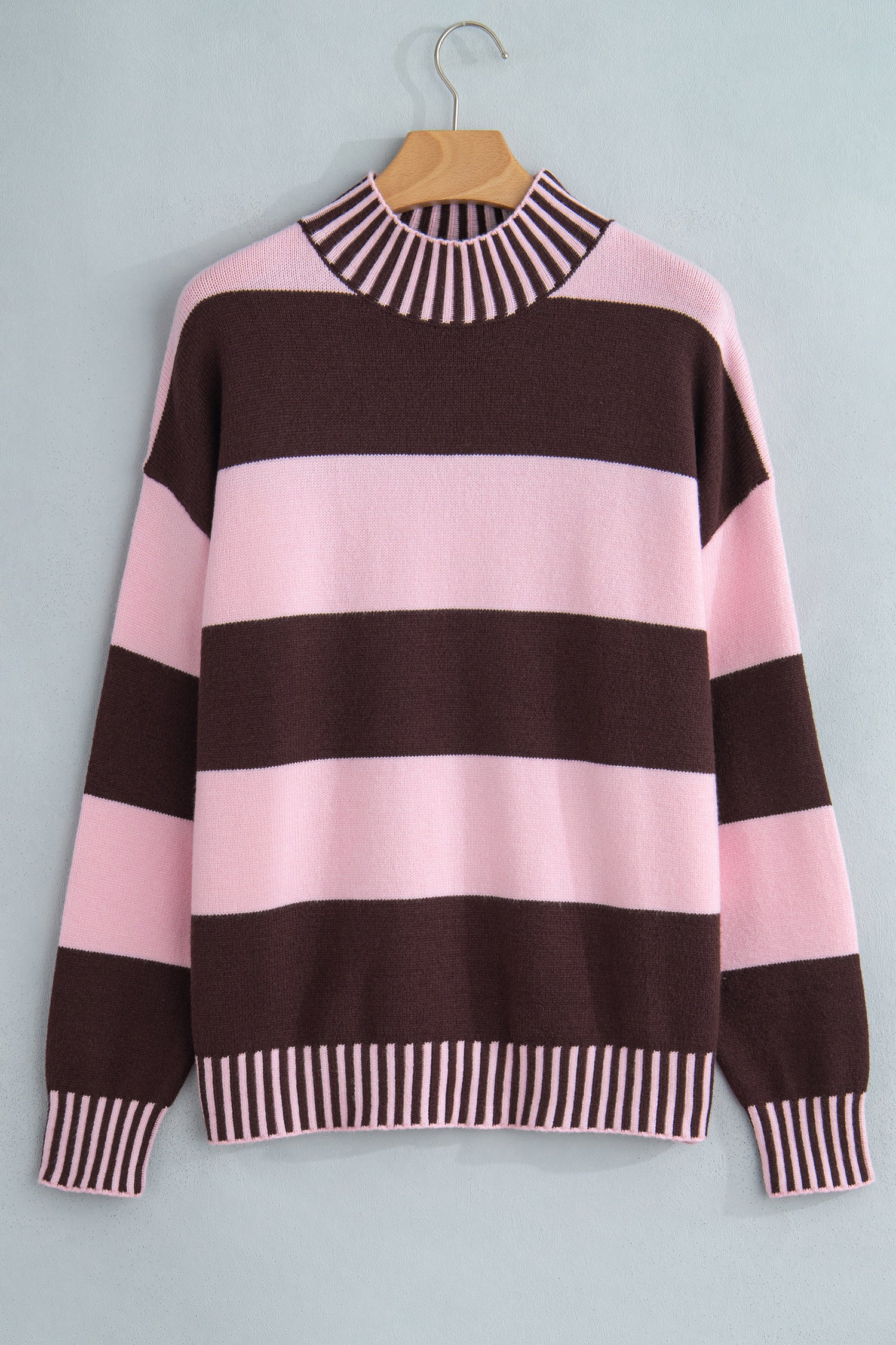 Pink Stripe Contrast High Neck Dropped Shoulder Relaxed Pullover Sweater