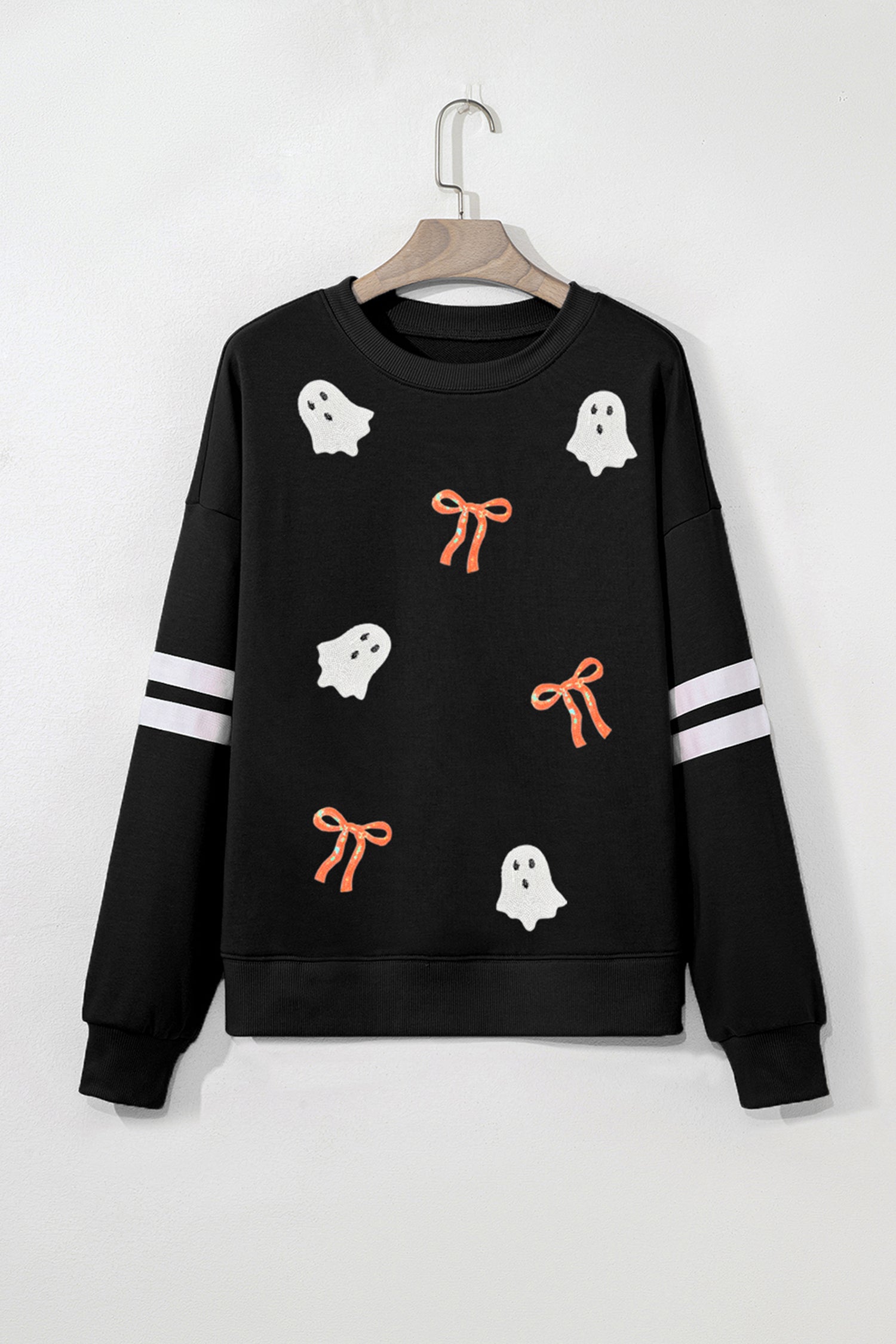 Black Sequin Halloween Ghosts Bows Graphic Varsity Striped Sleeve Casual Pullover Sweatshirt