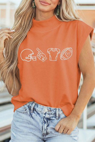 Orange Game Day Pattern Embroidery High Neck Short Sleeve Top