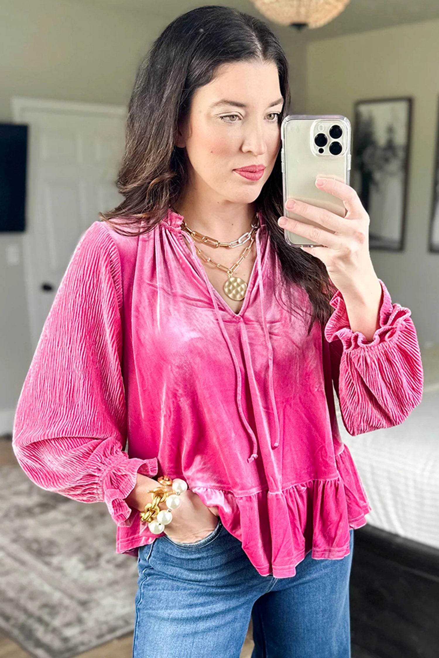 Strawberry Pink V Neck Velvet Ruffled Cuffs Hem Long Sleeve Top
